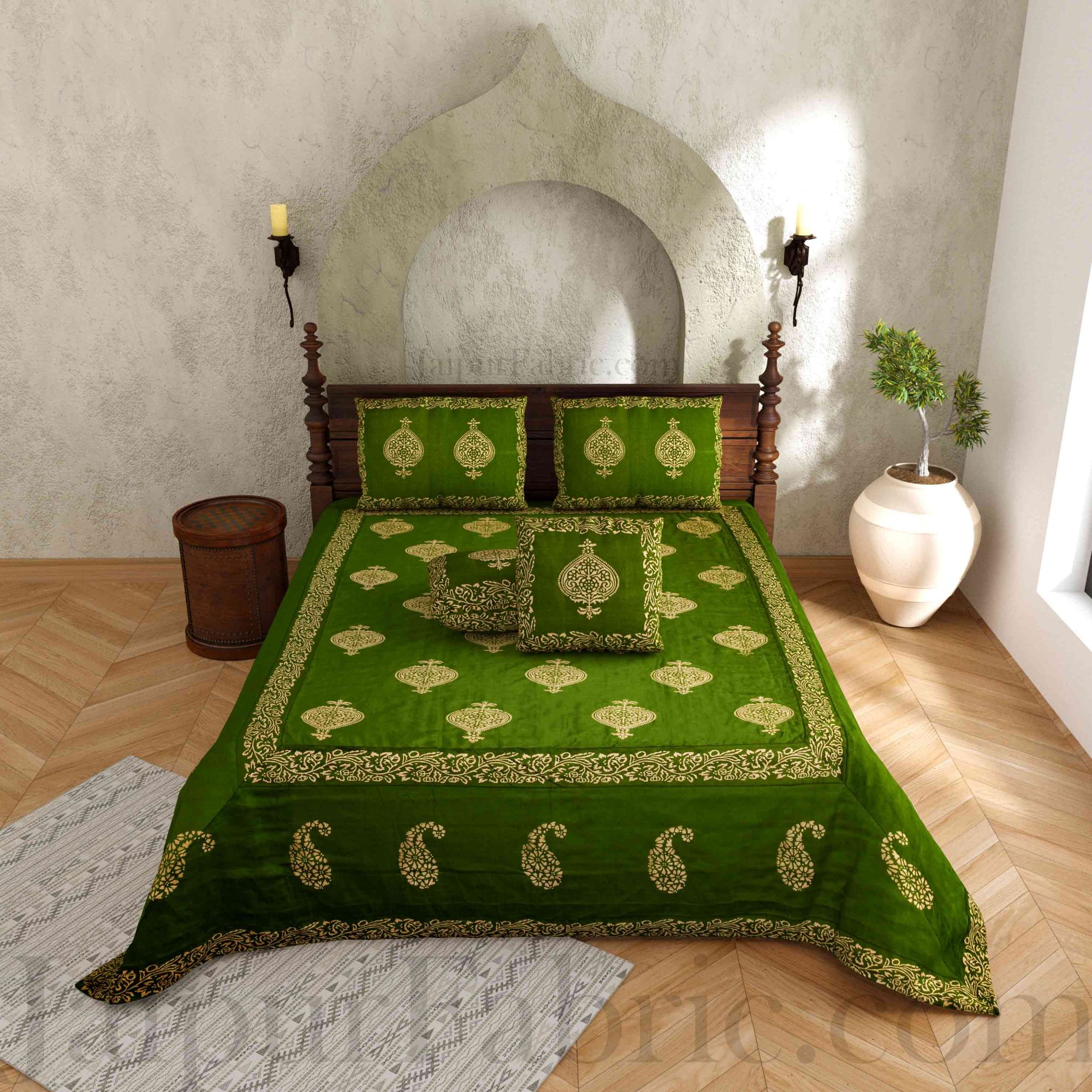 Mahendi Green Base Khadi Print Hand Work Silk Double Bedseet