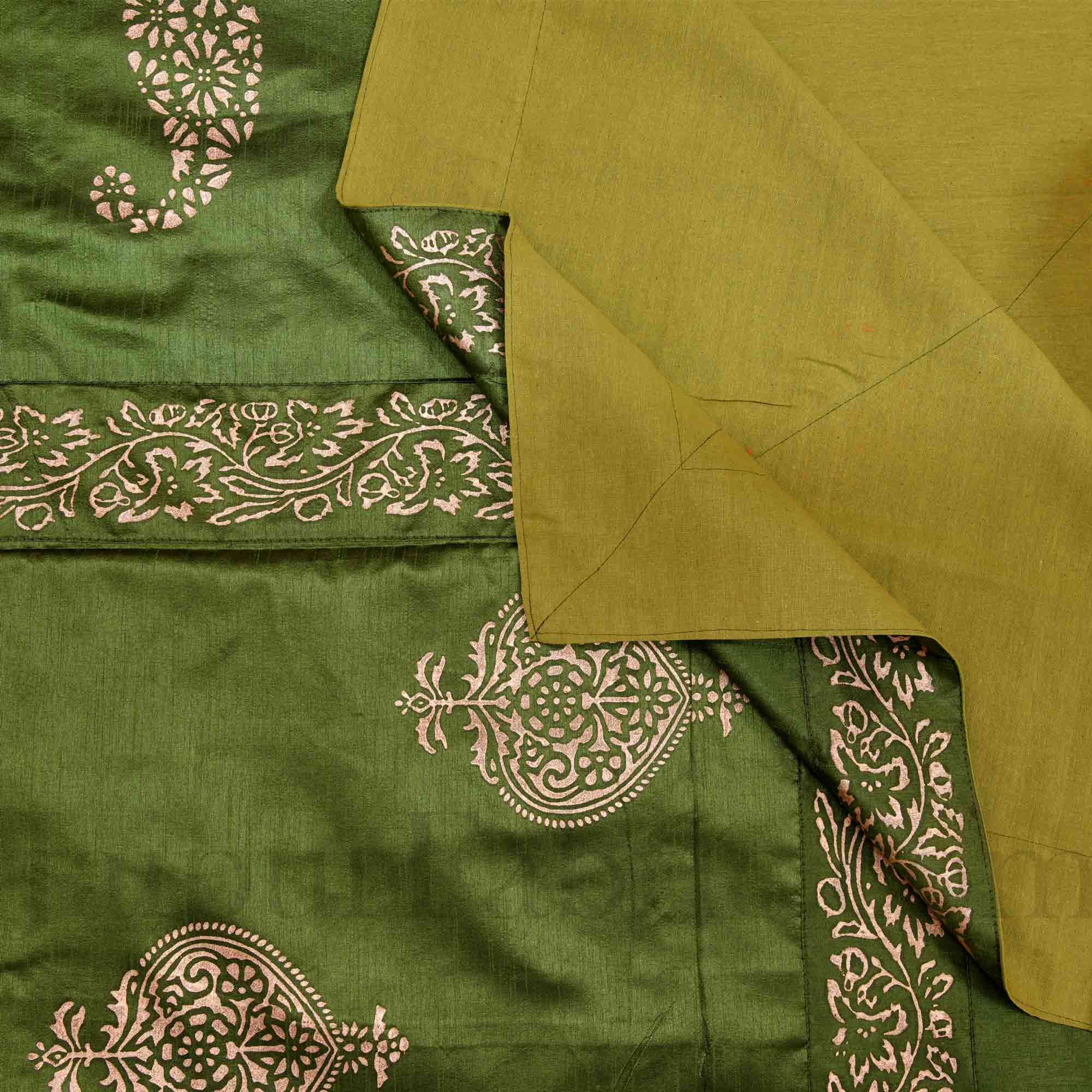 Mahendi Green Base Khadi Print Hand Work Silk Double Bedseet