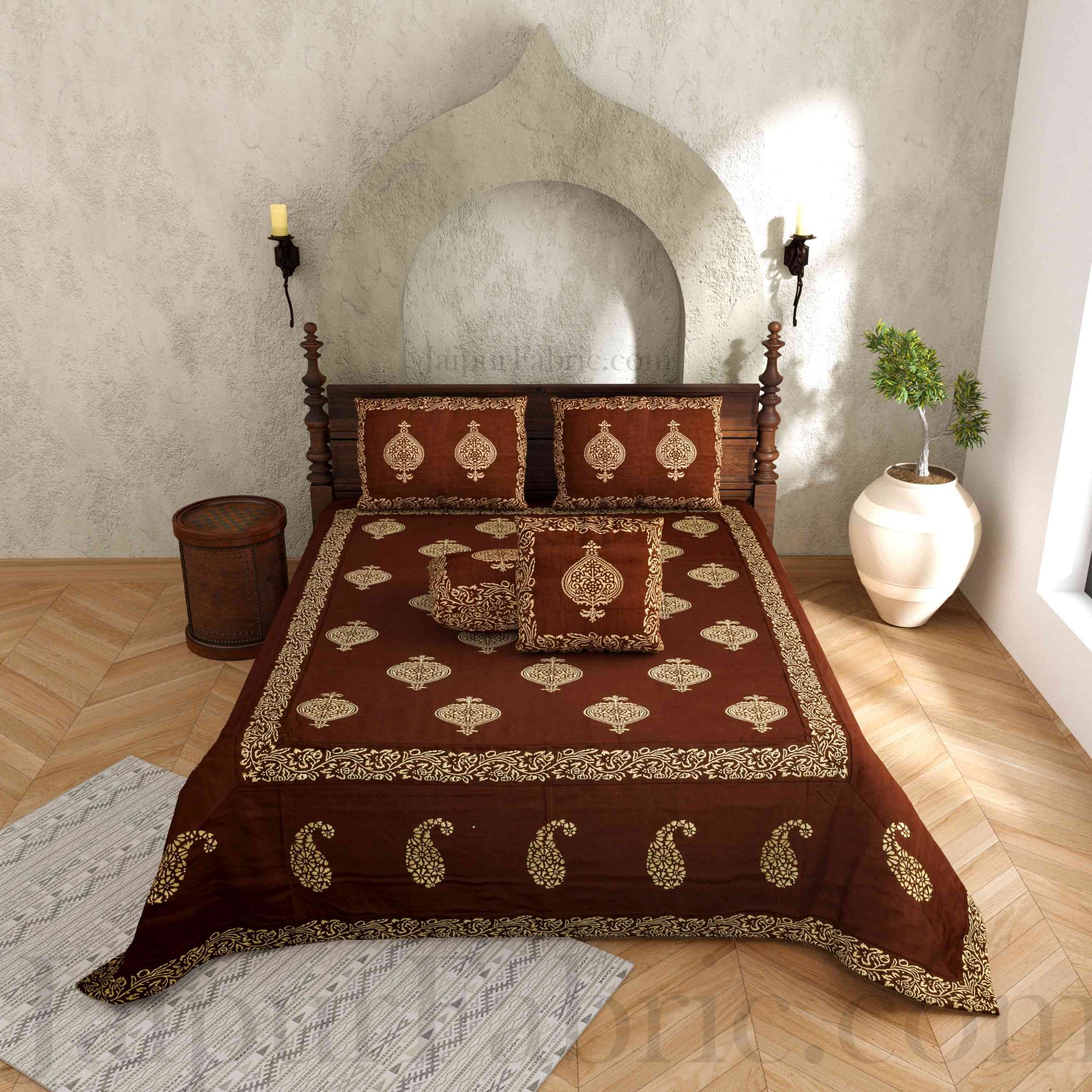 Brown Base Khadi Print Hand Work Silk Double Bed Sheet