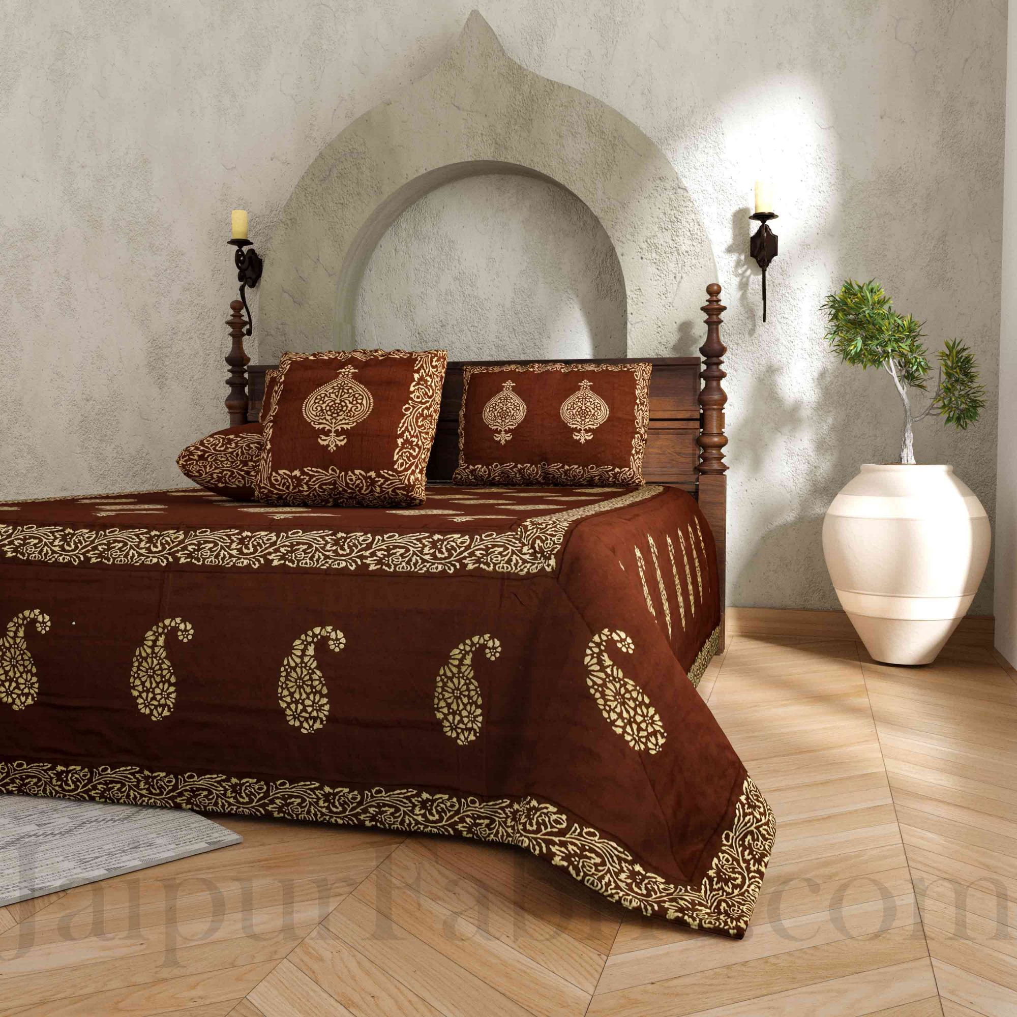 Brown Base Khadi Print Hand Work Silk Double Bed Sheet