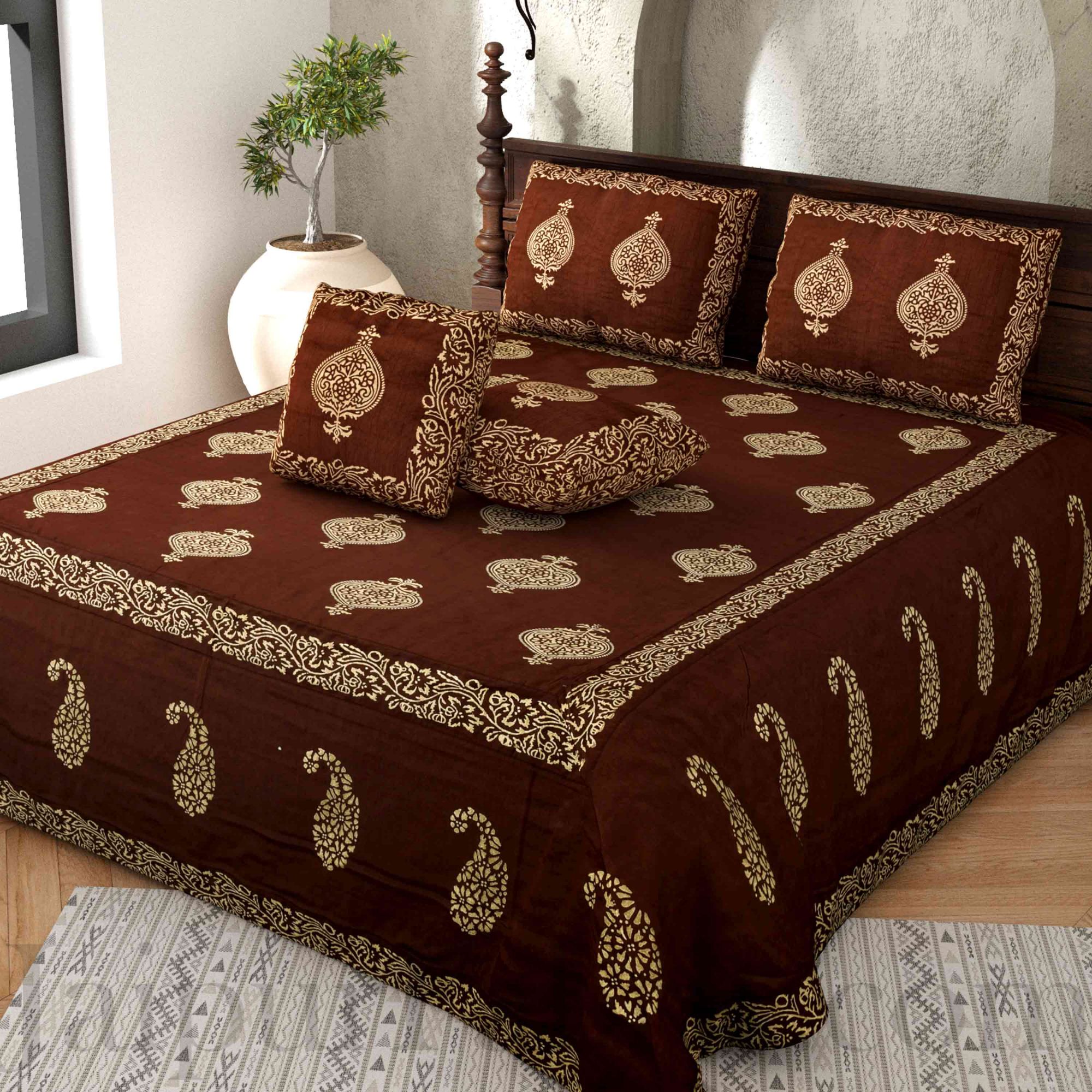 Brown Base Khadi Print Hand Work Silk Double Bed Sheet