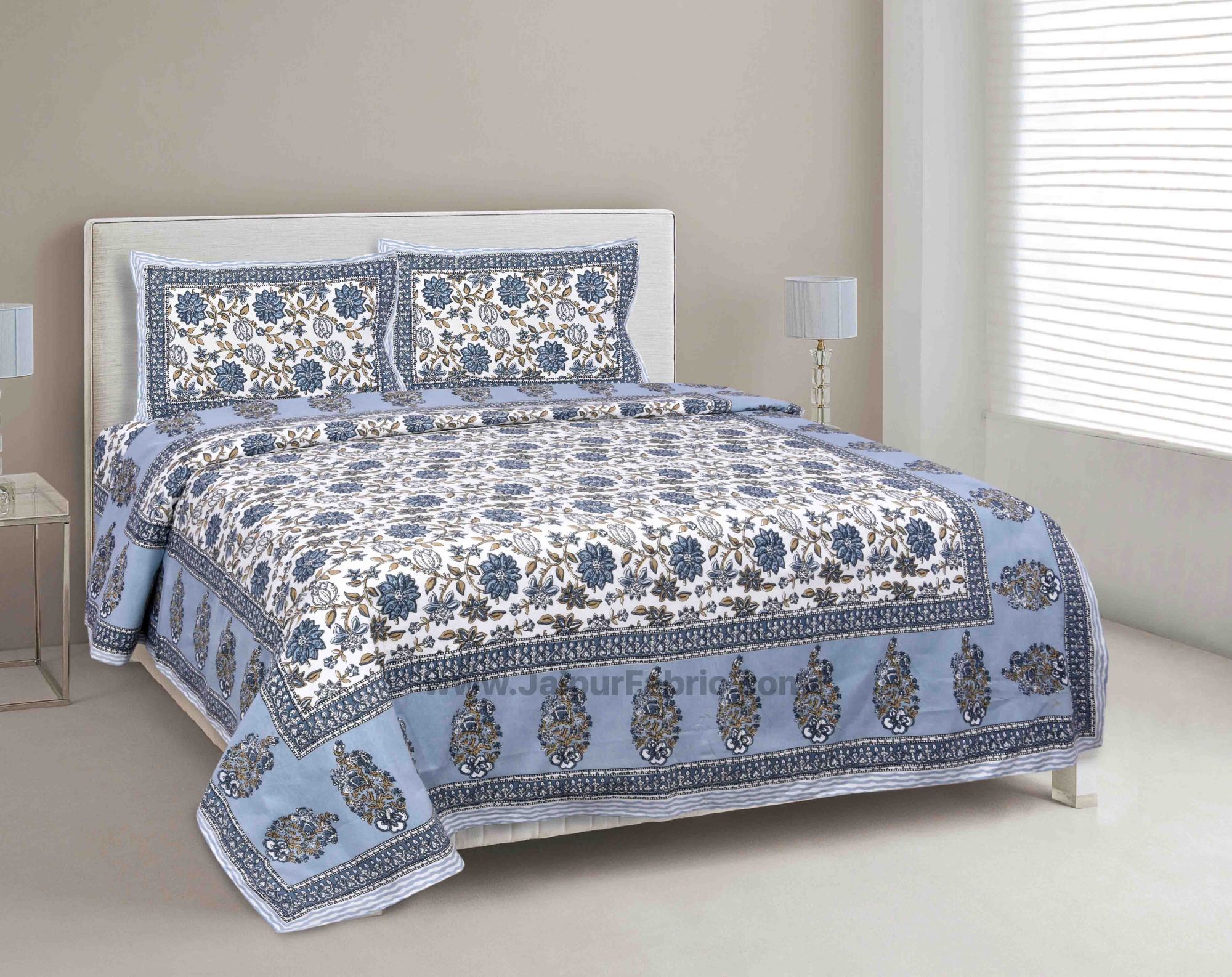 Aqua Grey Floral Carnival Double Bedsheet