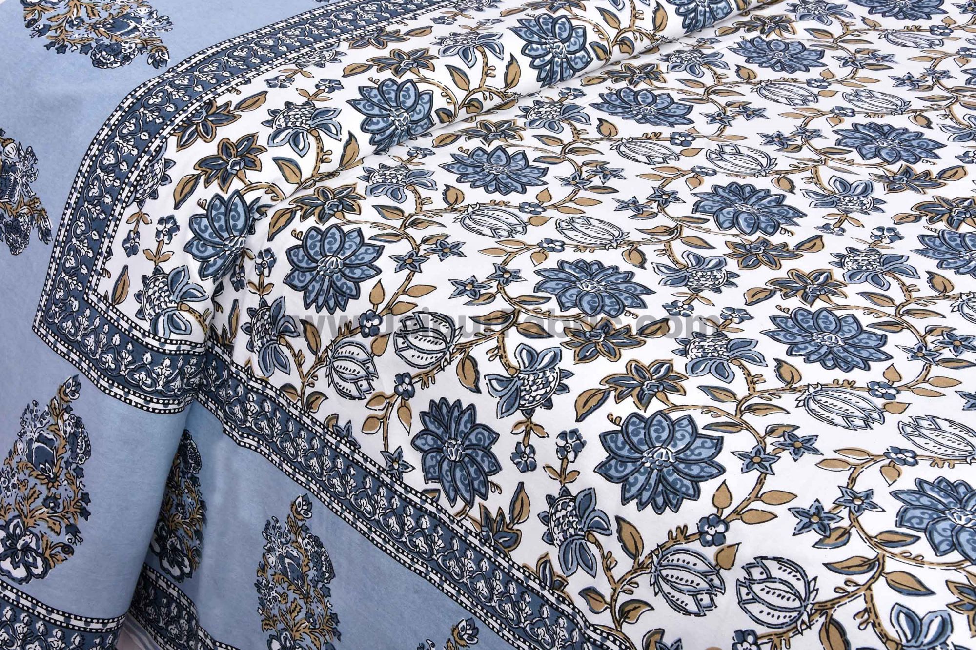 Aqua Grey Floral Carnival Double Bedsheet