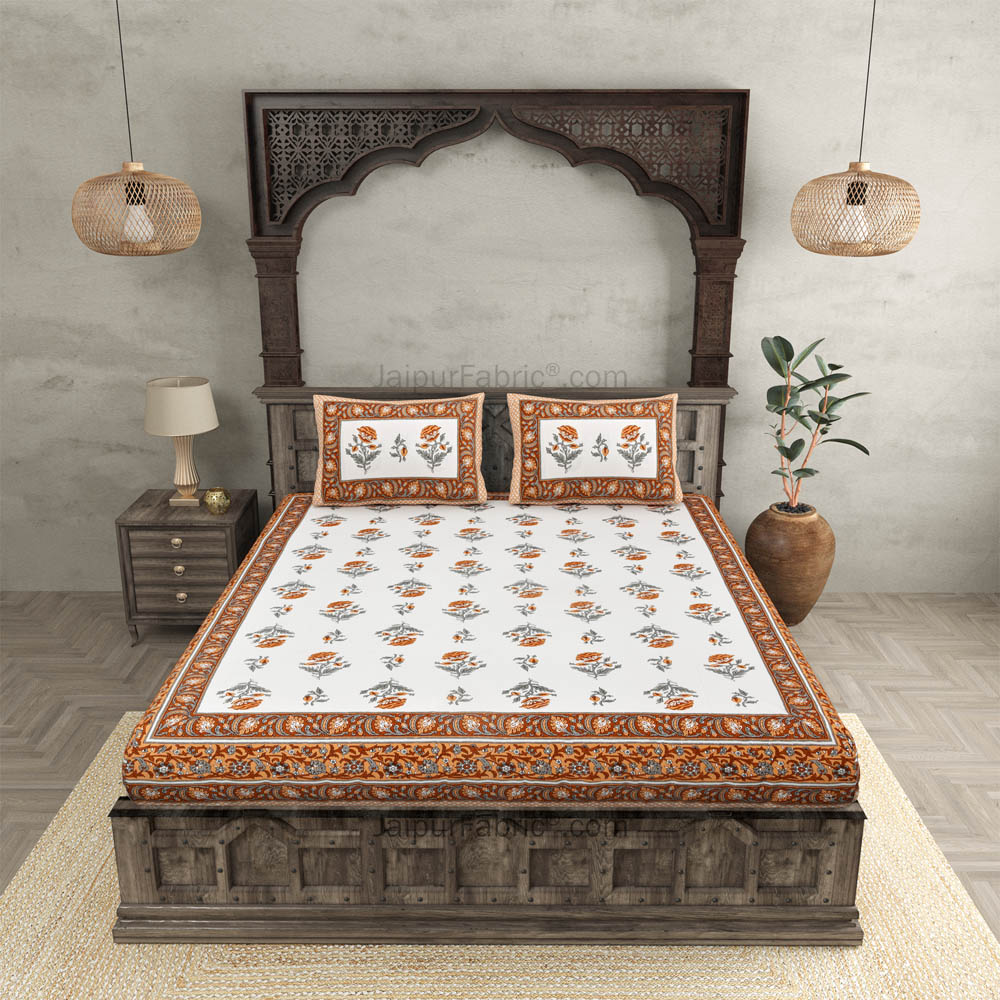 Orange Floral Allure Double Bedsheet