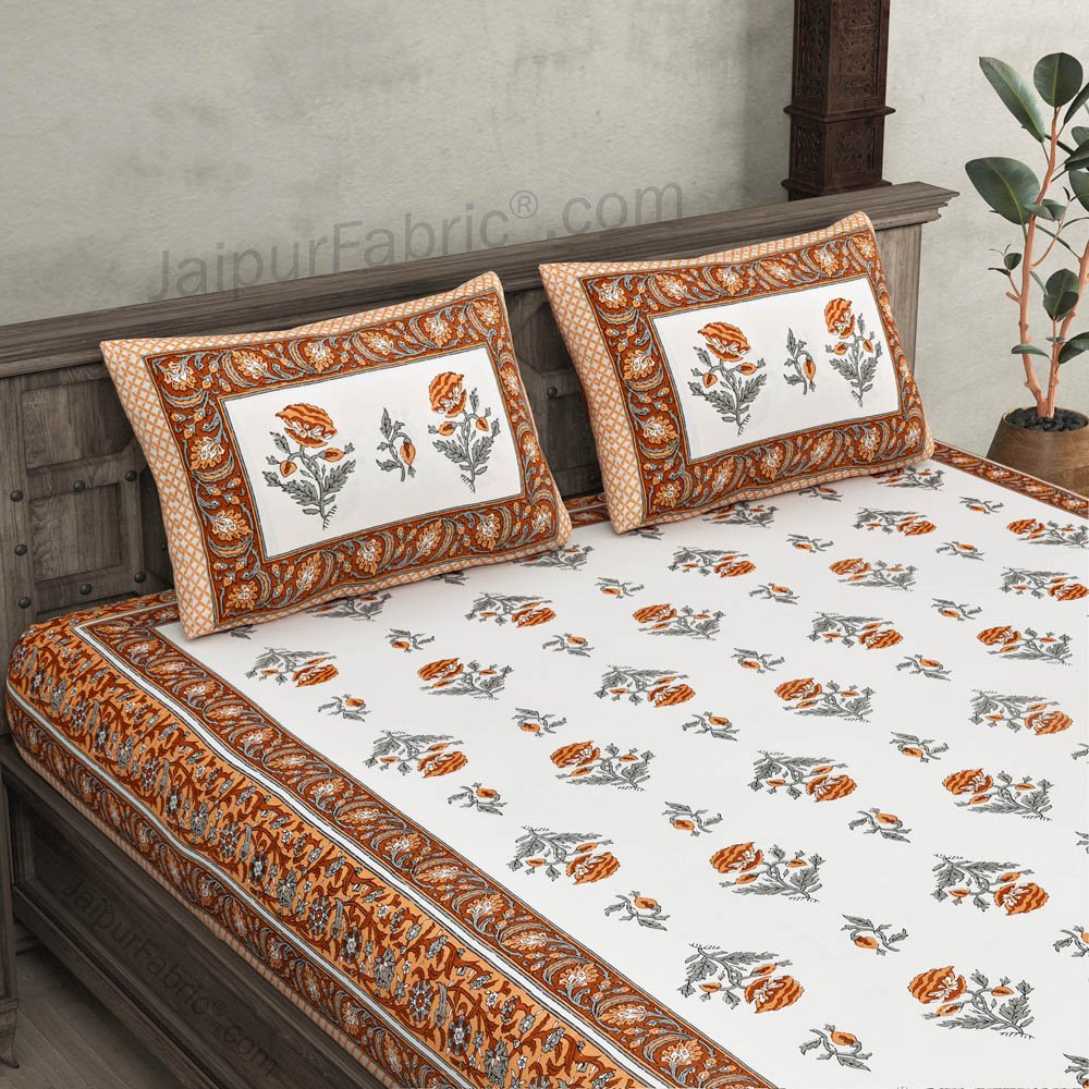 Orange Floral Allure Double Bedsheet