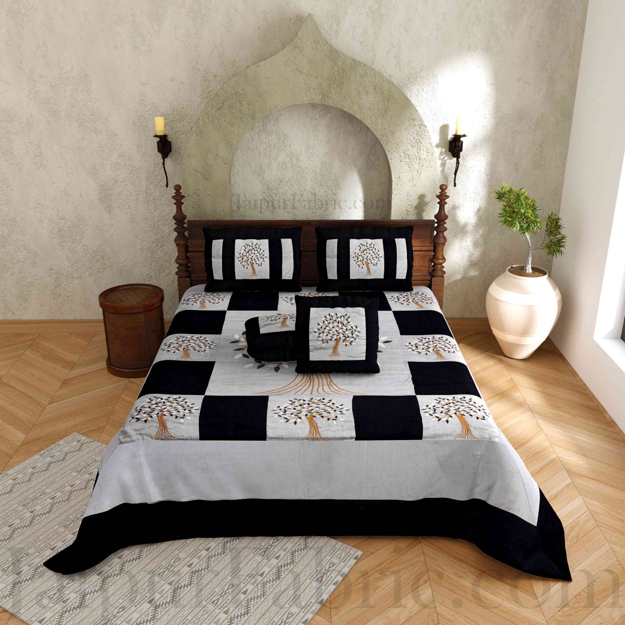 Gray Base Machine Embroidery Black Patch Work Silk Double Bed Sheet