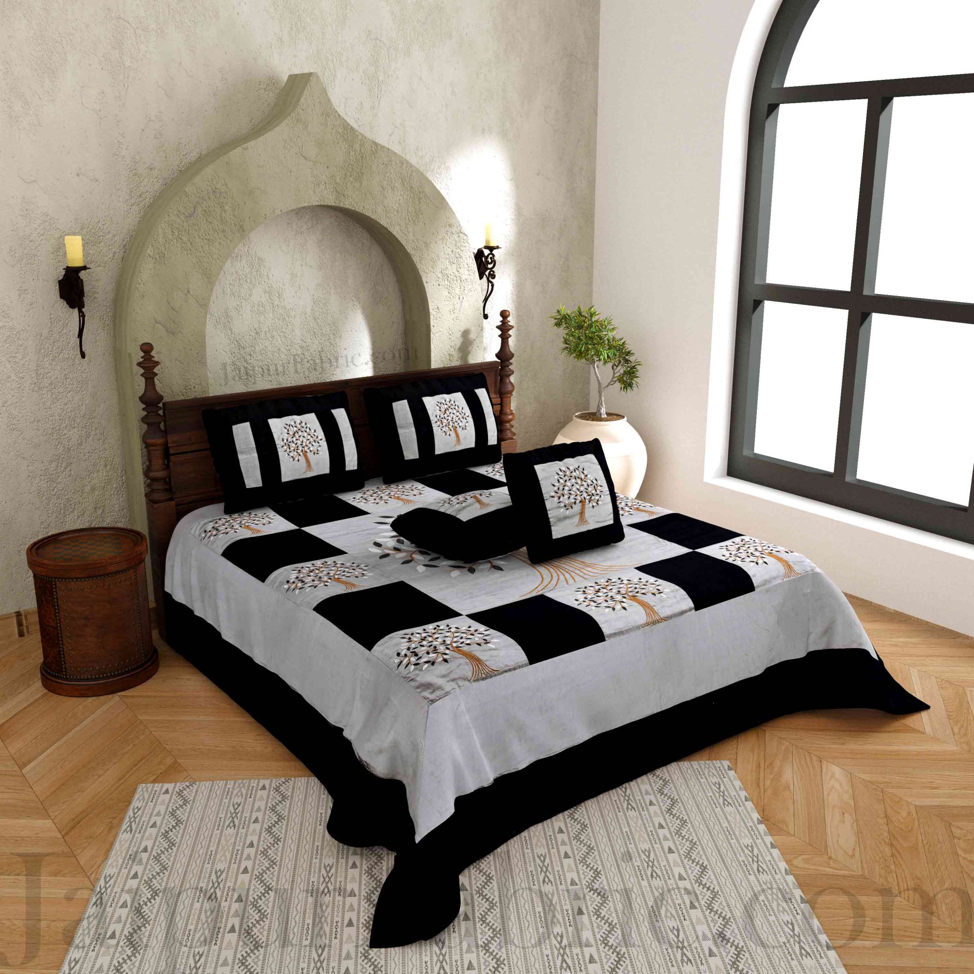 Gray Base Machine Embroidery Black Patch Work Silk Double Bed Sheet