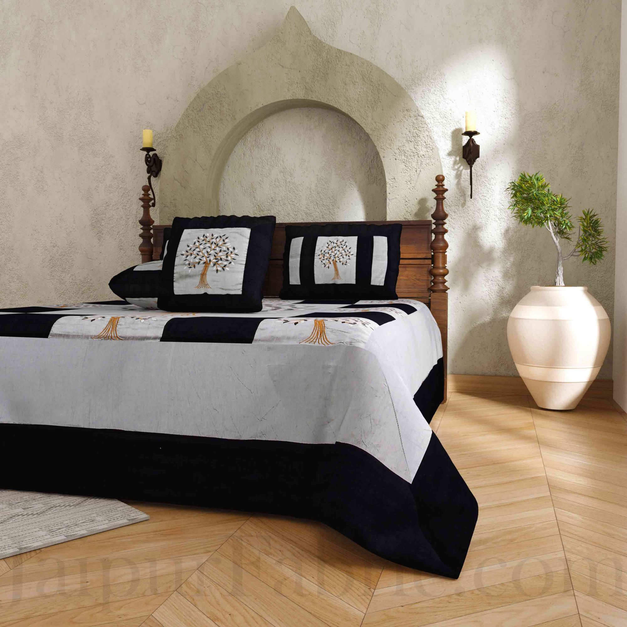 Gray Base Machine Embroidery Black Patch Work Silk Double Bed Sheet