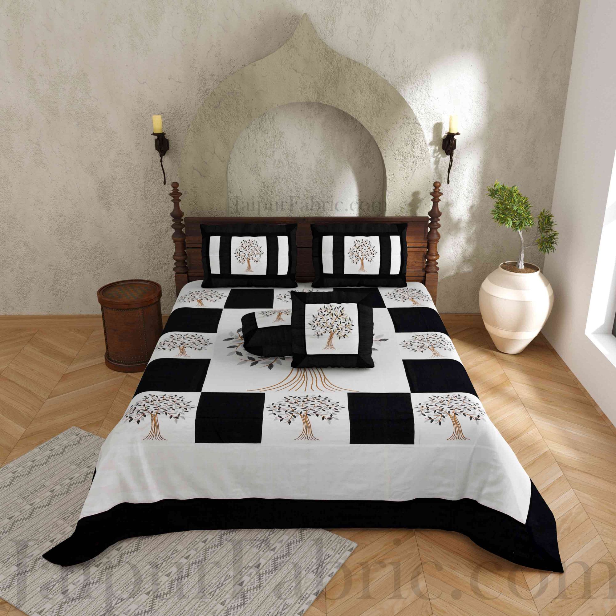 Black Base Machine Embroidery White Patch Work Silk Double Bed Sheet