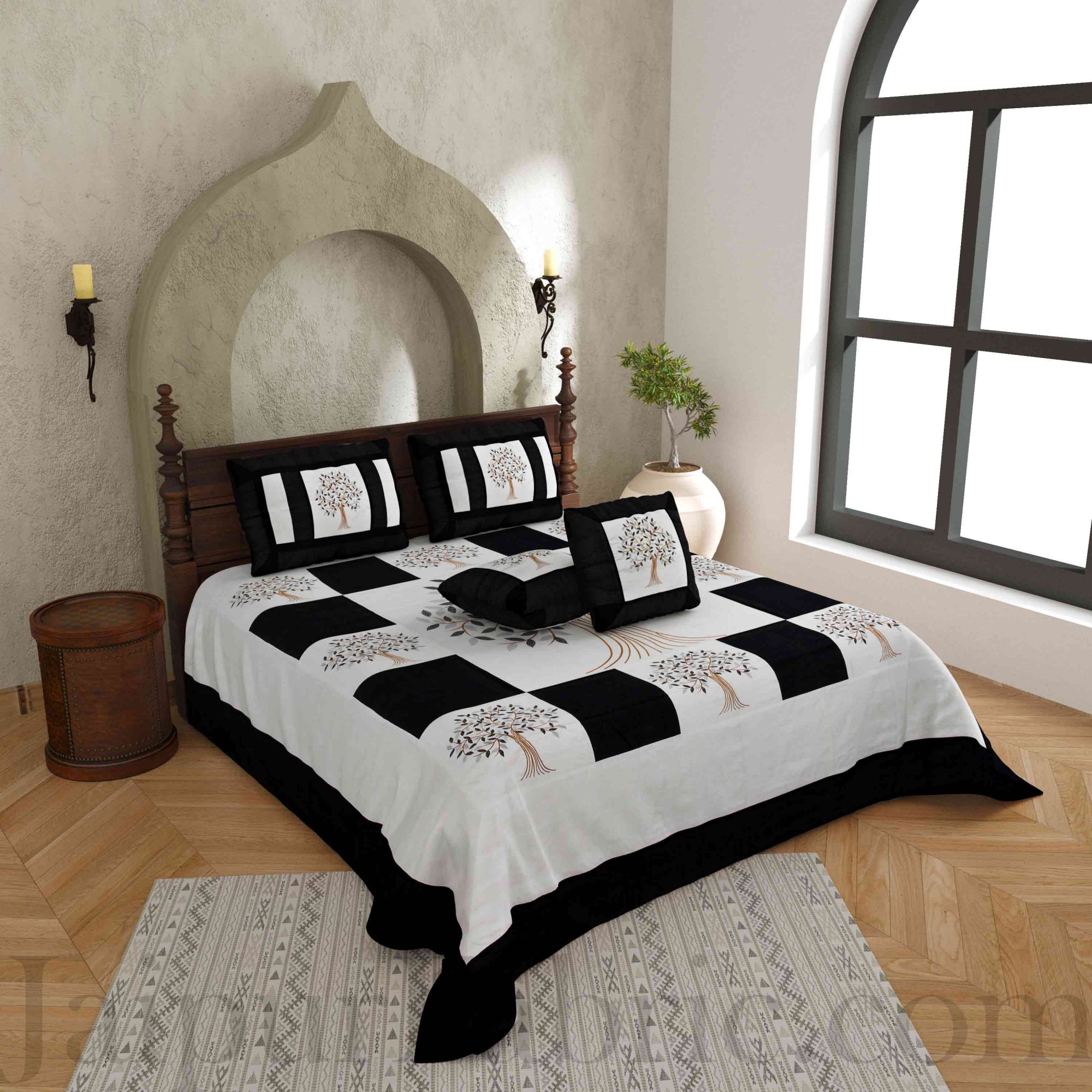 Black Base Machine Embroidery White Patch Work Silk Double Bed Sheet