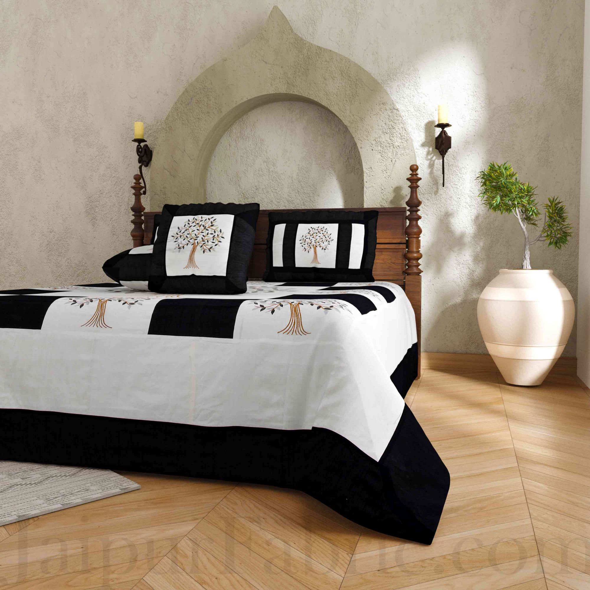 Black Base Machine Embroidery White Patch Work Silk Double Bed Sheet