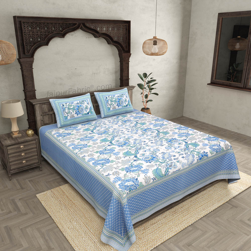 Blue Gala Flowers Double bedsheet