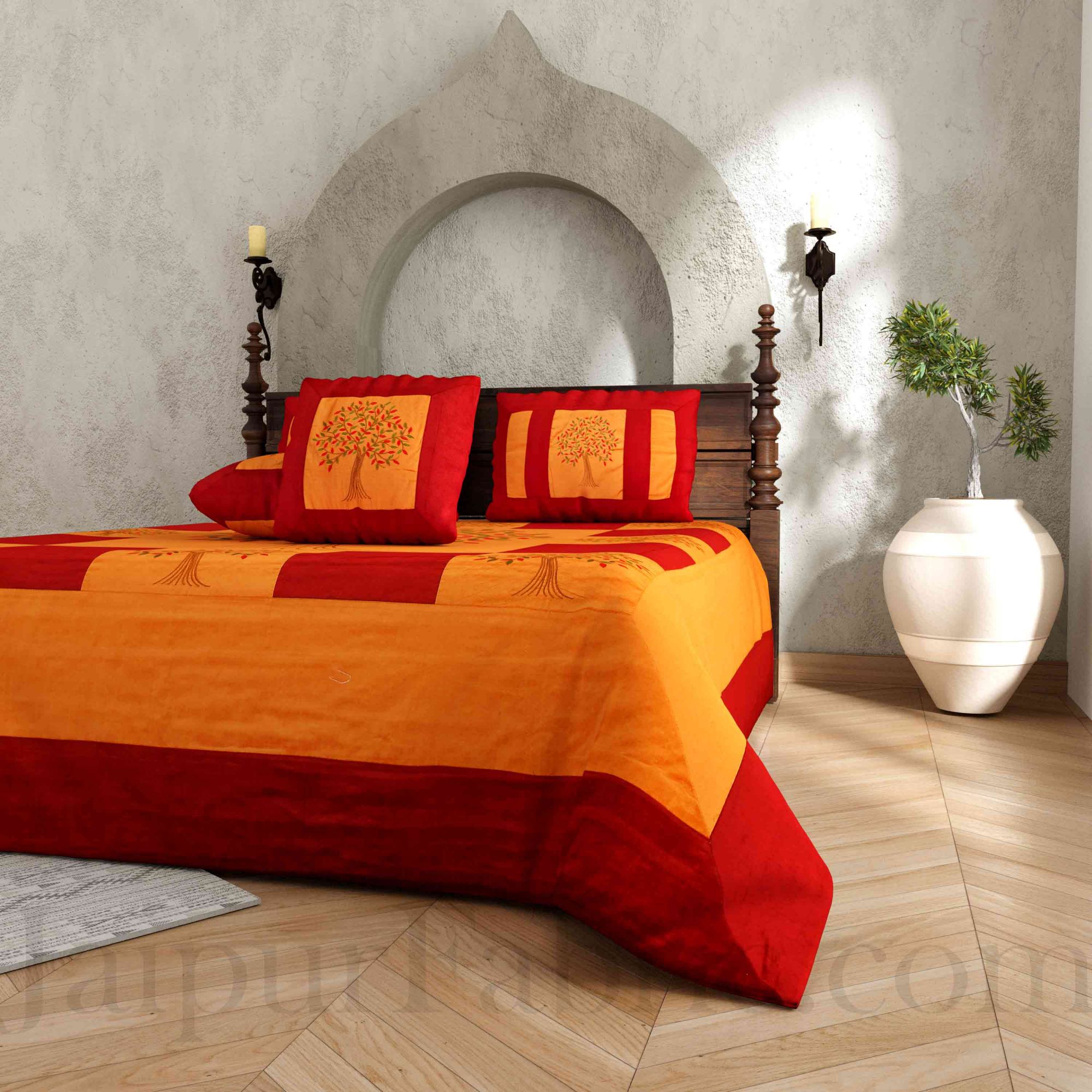 Orange Base Machine Embroidery Maroon Patch Work Silk Double Bed Sheet