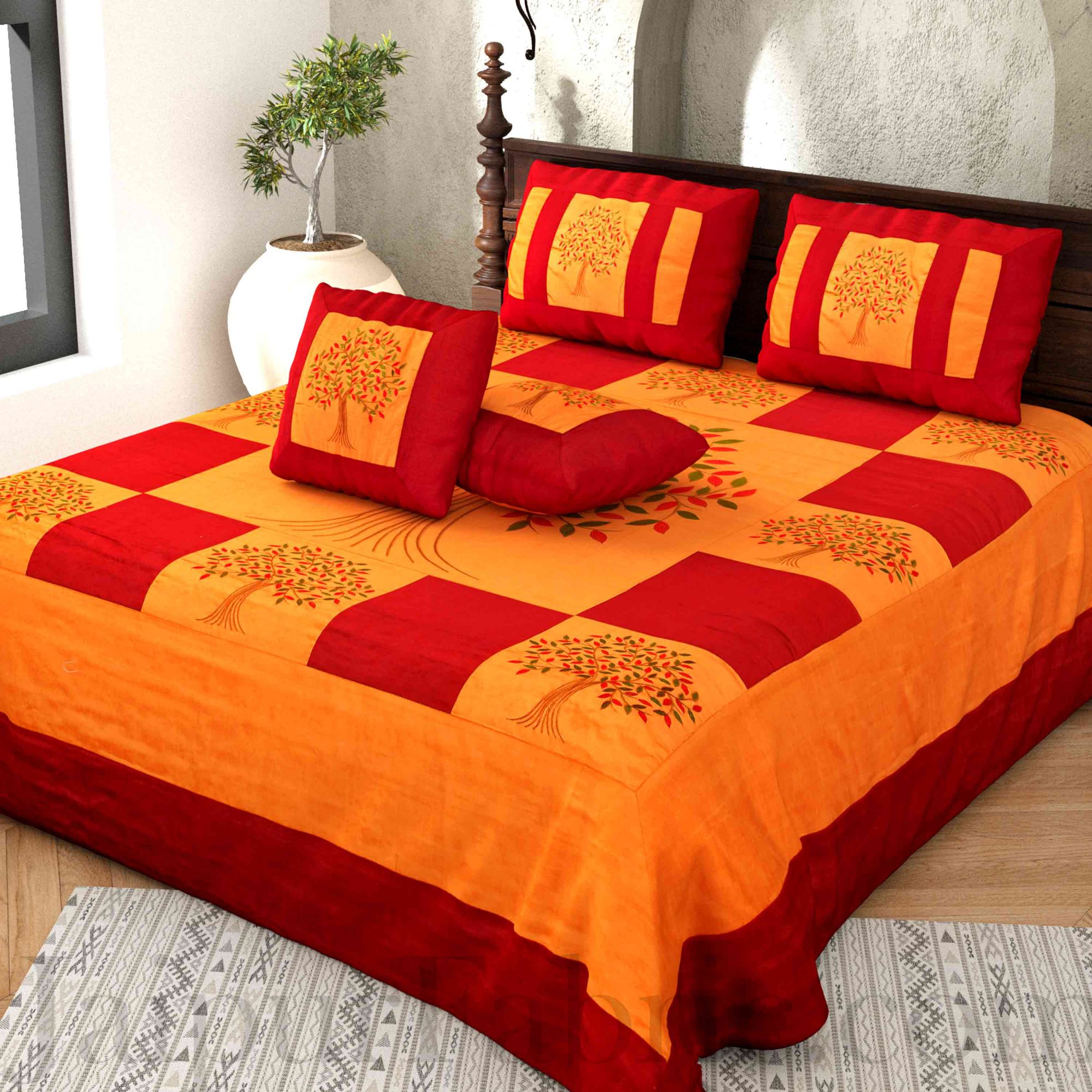 Orange Base Machine Embroidery Maroon Patch Work Silk Double Bed Sheet