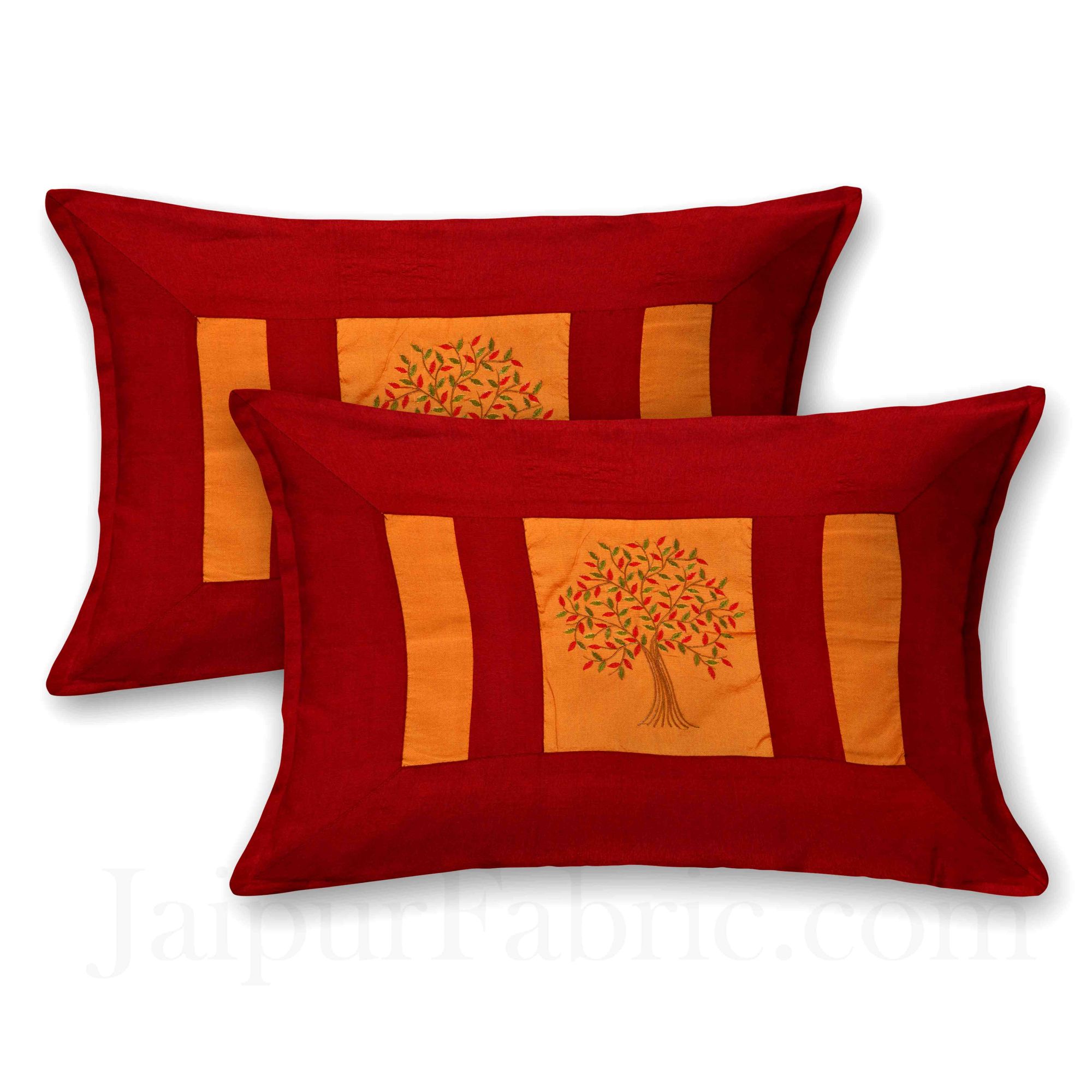 Orange Base Machine Embroidery Maroon Patch Work Silk Double Bed Sheet