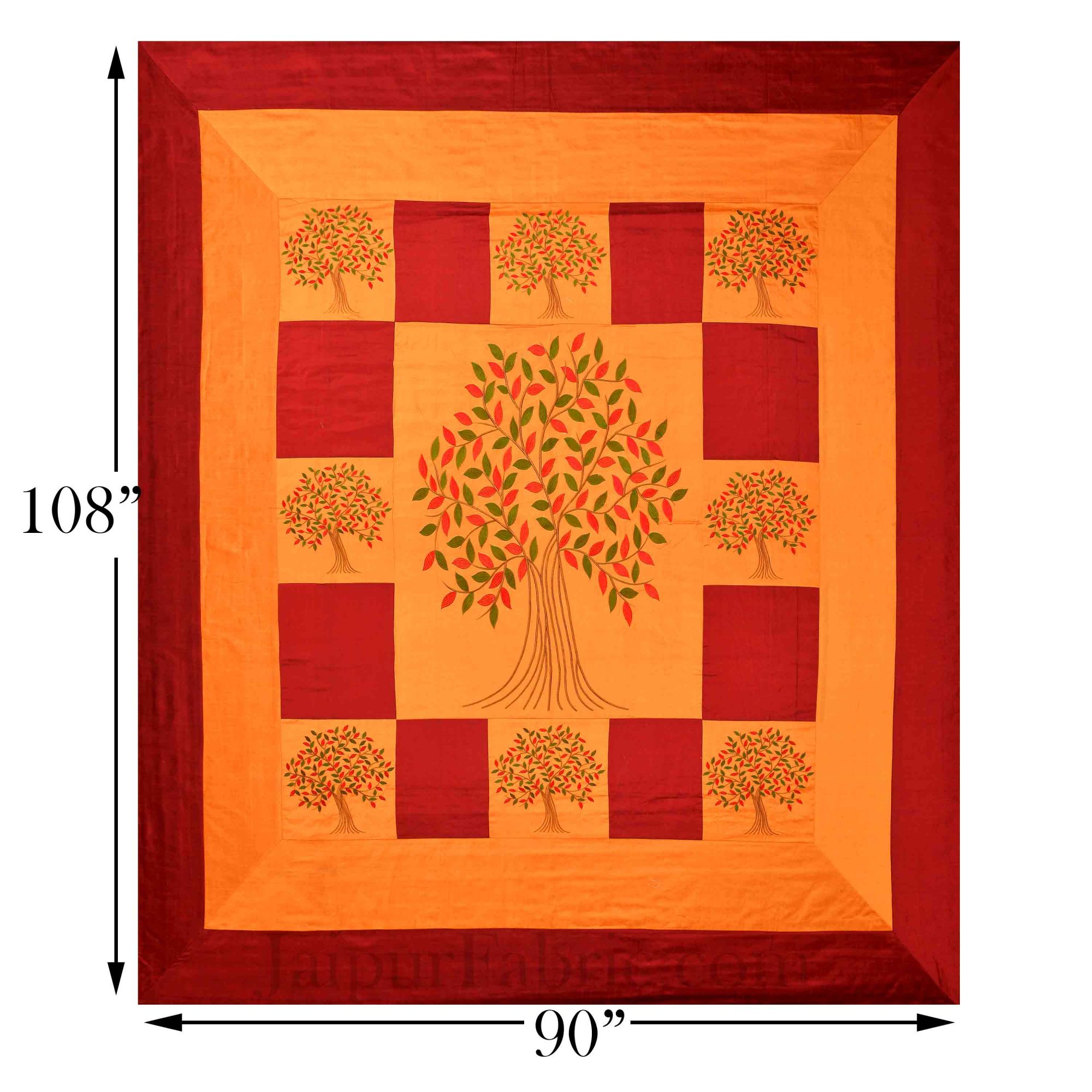 Orange Base Machine Embroidery Maroon Patch Work Silk Double Bed Sheet