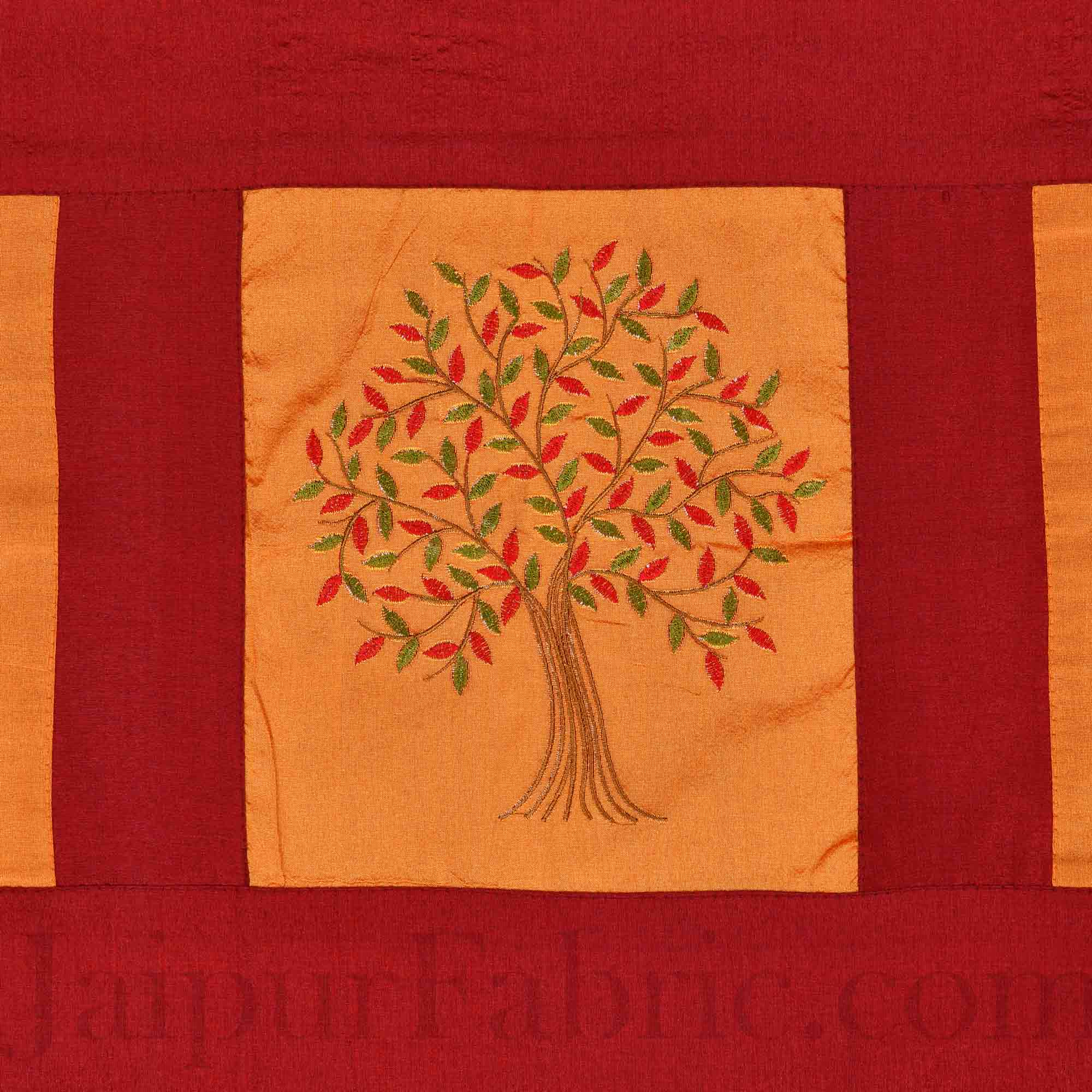 Orange Base Machine Embroidery Maroon Patch Work Silk Double Bed Sheet