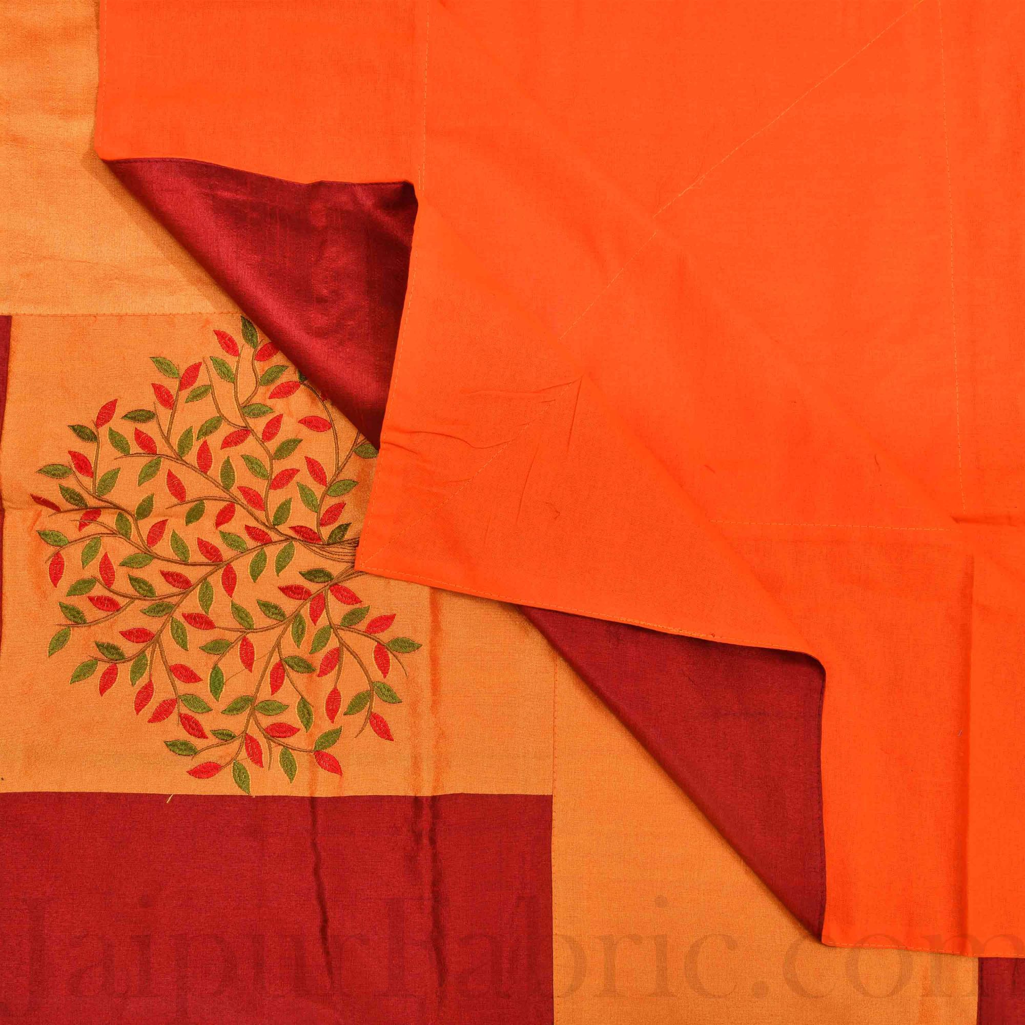 Orange Base Machine Embroidery Maroon Patch Work Silk Double Bed Sheet