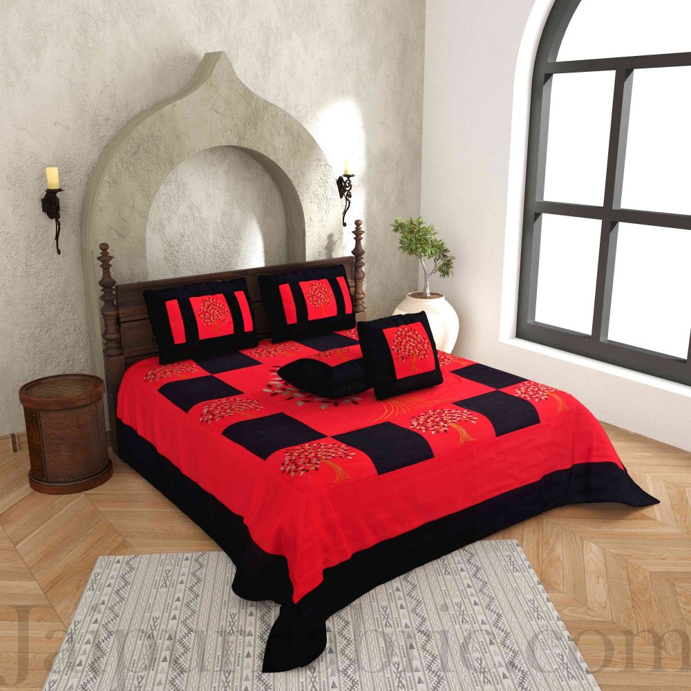 Red Base Machine Embroidery Black Patch Work Silk Double Bed Sheet