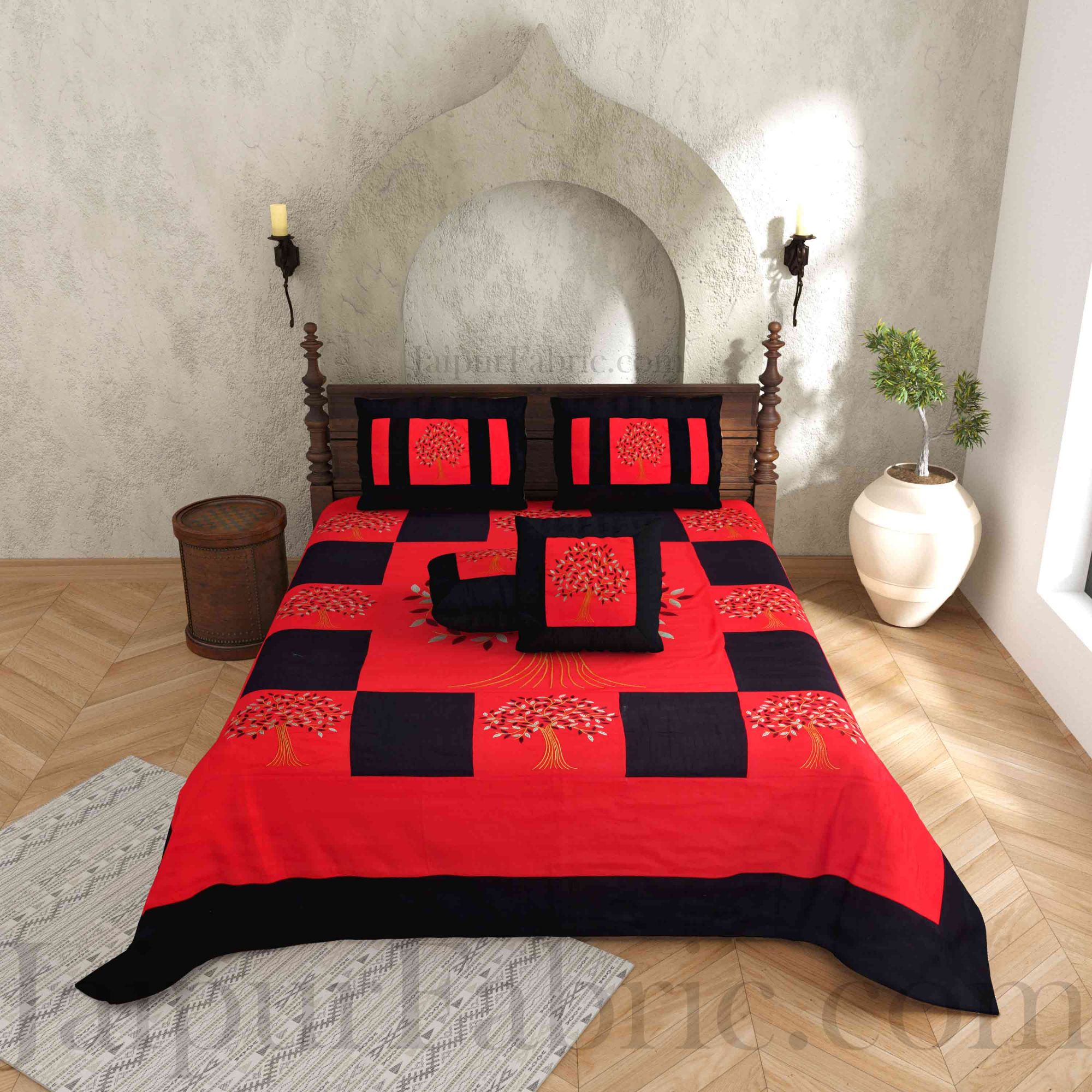 Red Base Machine Embroidery Black Patch Work Silk Double Bed Sheet