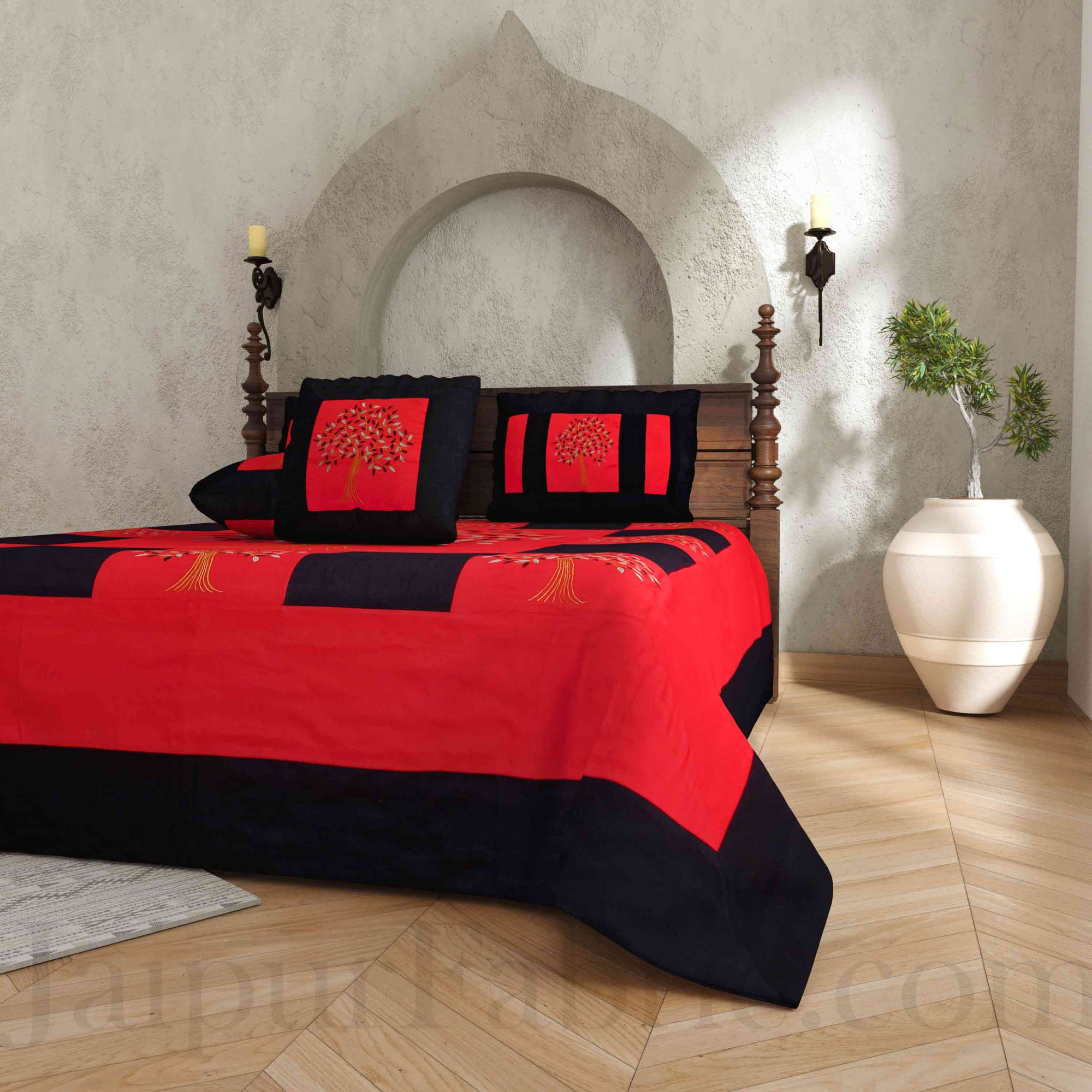 Red Base Machine Embroidery Black Patch Work Silk Double Bed Sheet