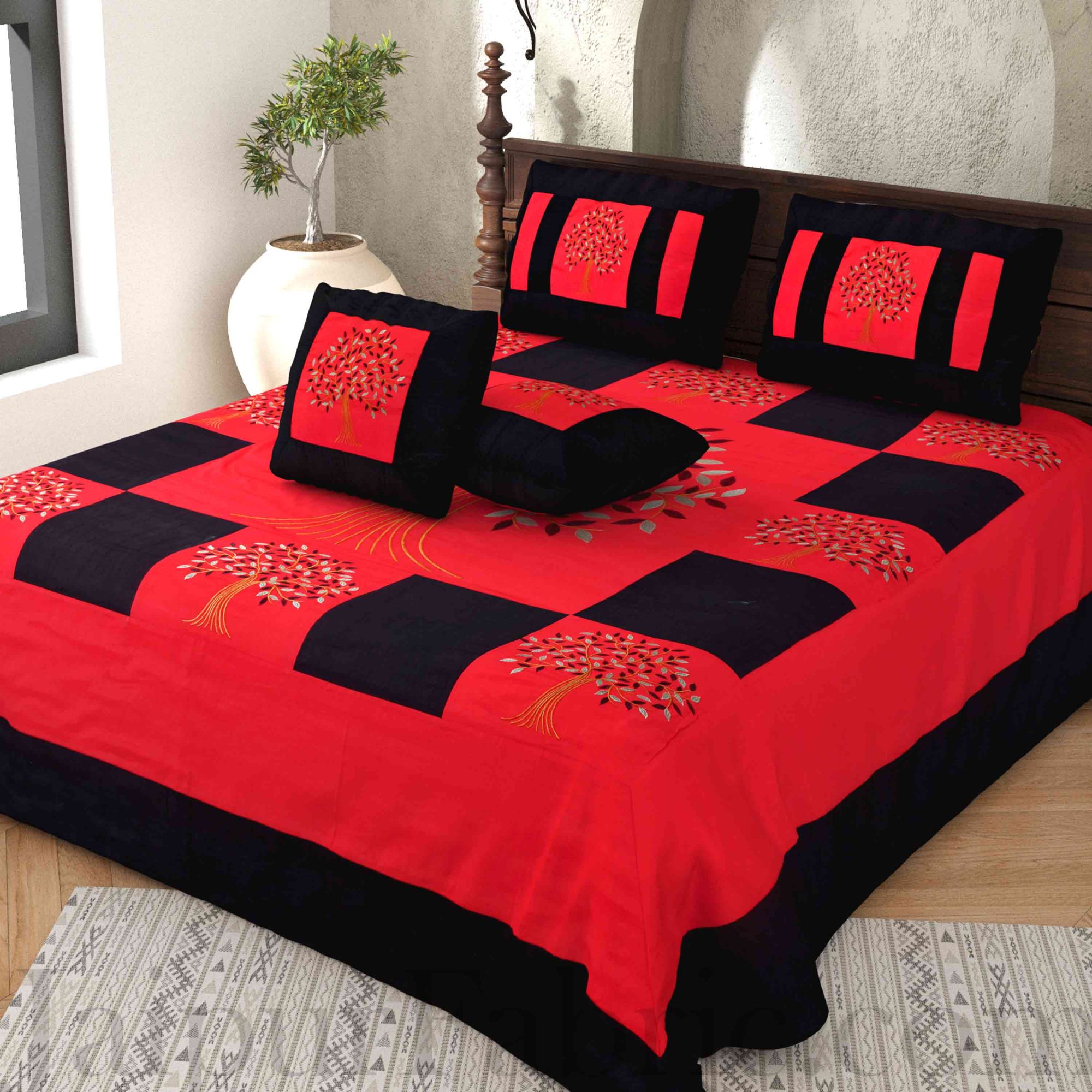 Red Base Machine Embroidery Black Patch Work Silk Double Bed Sheet