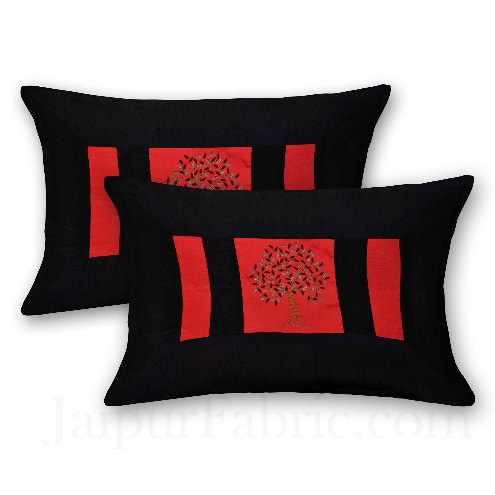 Red Base Machine Embroidery Black Patch Work Silk Double Bed Sheet