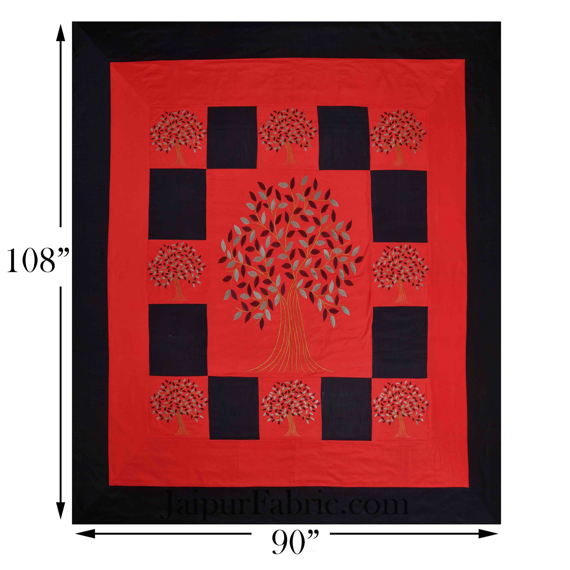 Red Base Machine Embroidery Black Patch Work Silk Double Bed Sheet