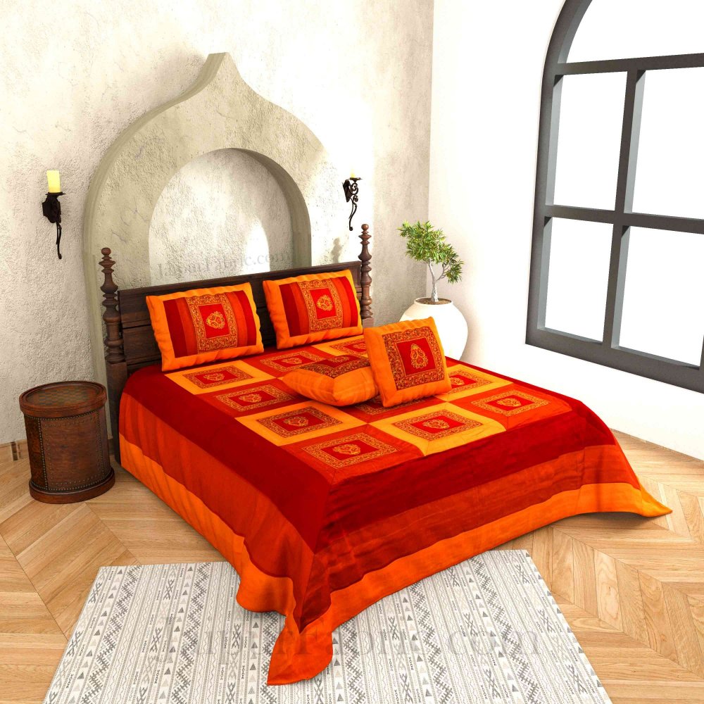 Orange Maroon Base Machine Embroidery and Zari Thread Work Silk Double Bed Sheet