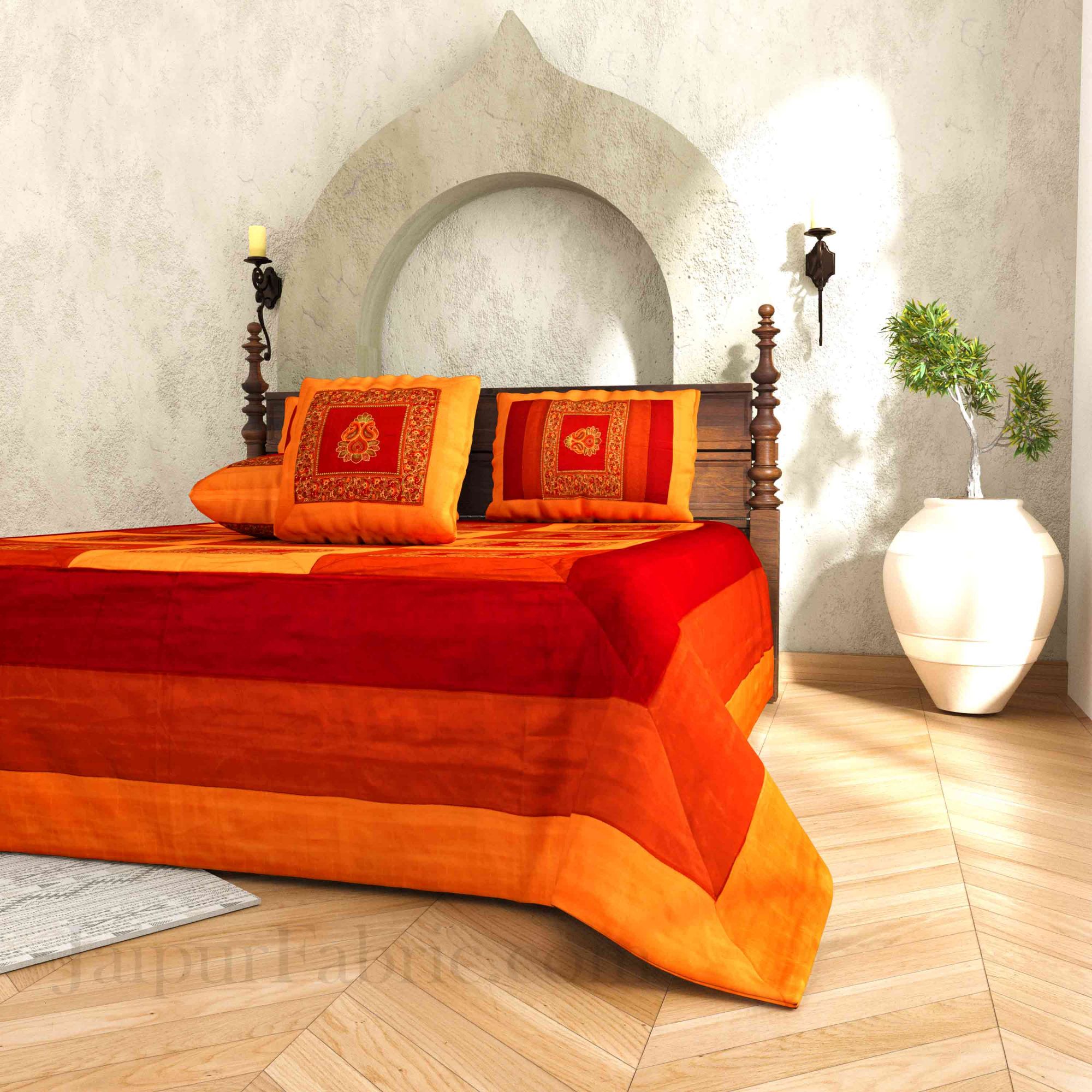 Orange Maroon Base Machine Embroidery and Zari Thread Work Silk Double Bed Sheet