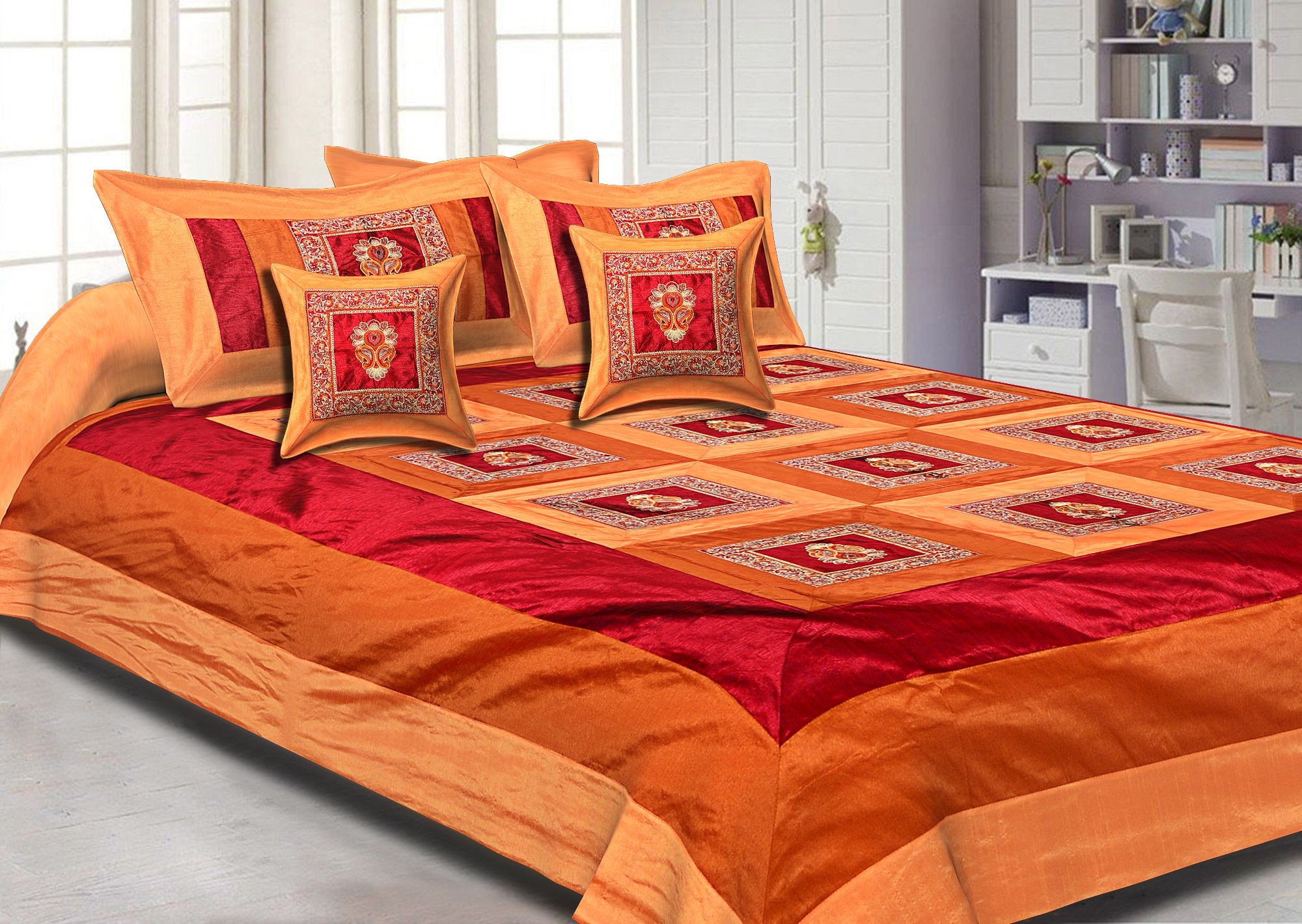 Orange Maroon Base Machine Embroidery and Zari Thread Work Silk Double Bed Sheet