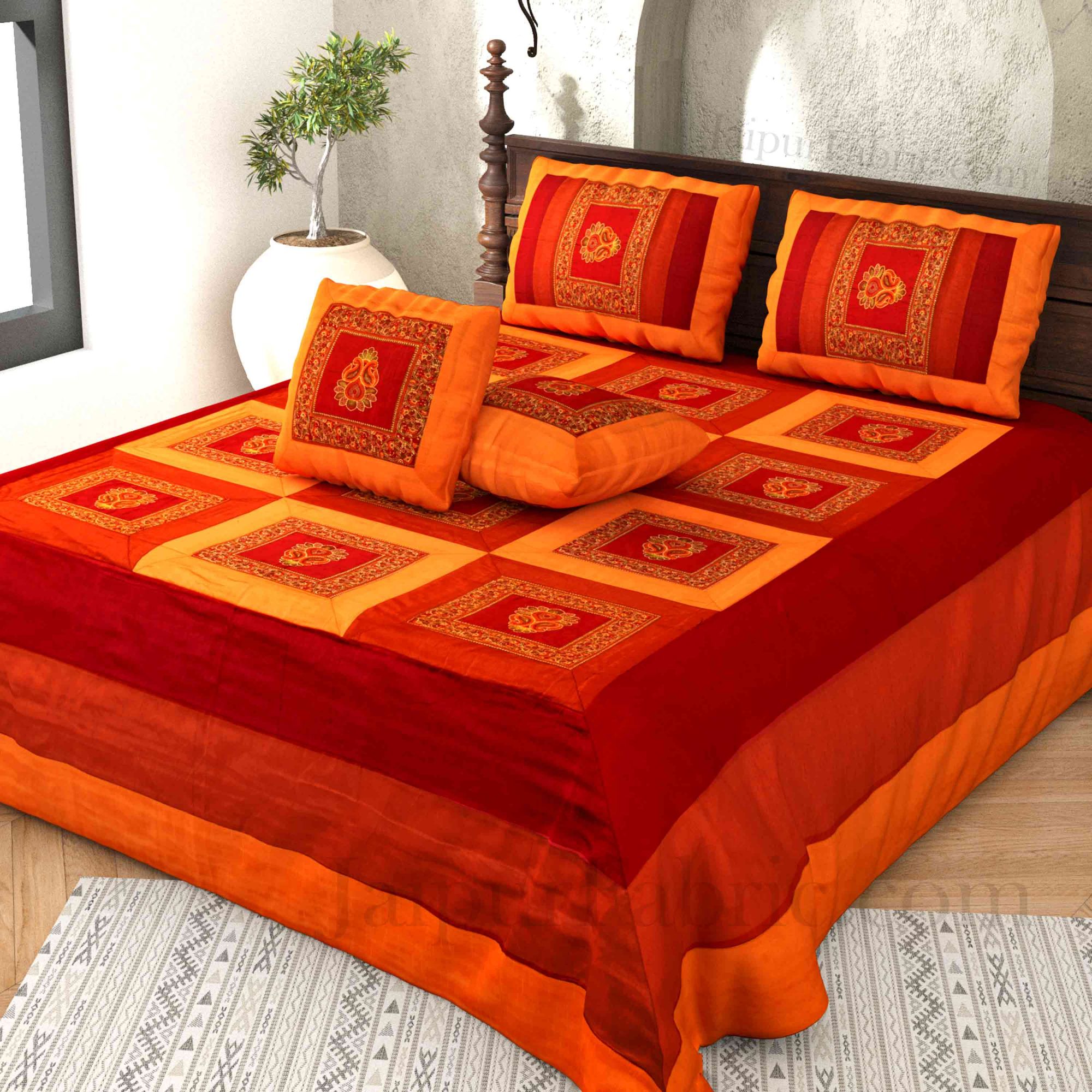 Orange Maroon Base Machine Embroidery and Zari Thread Work Silk Double Bed Sheet