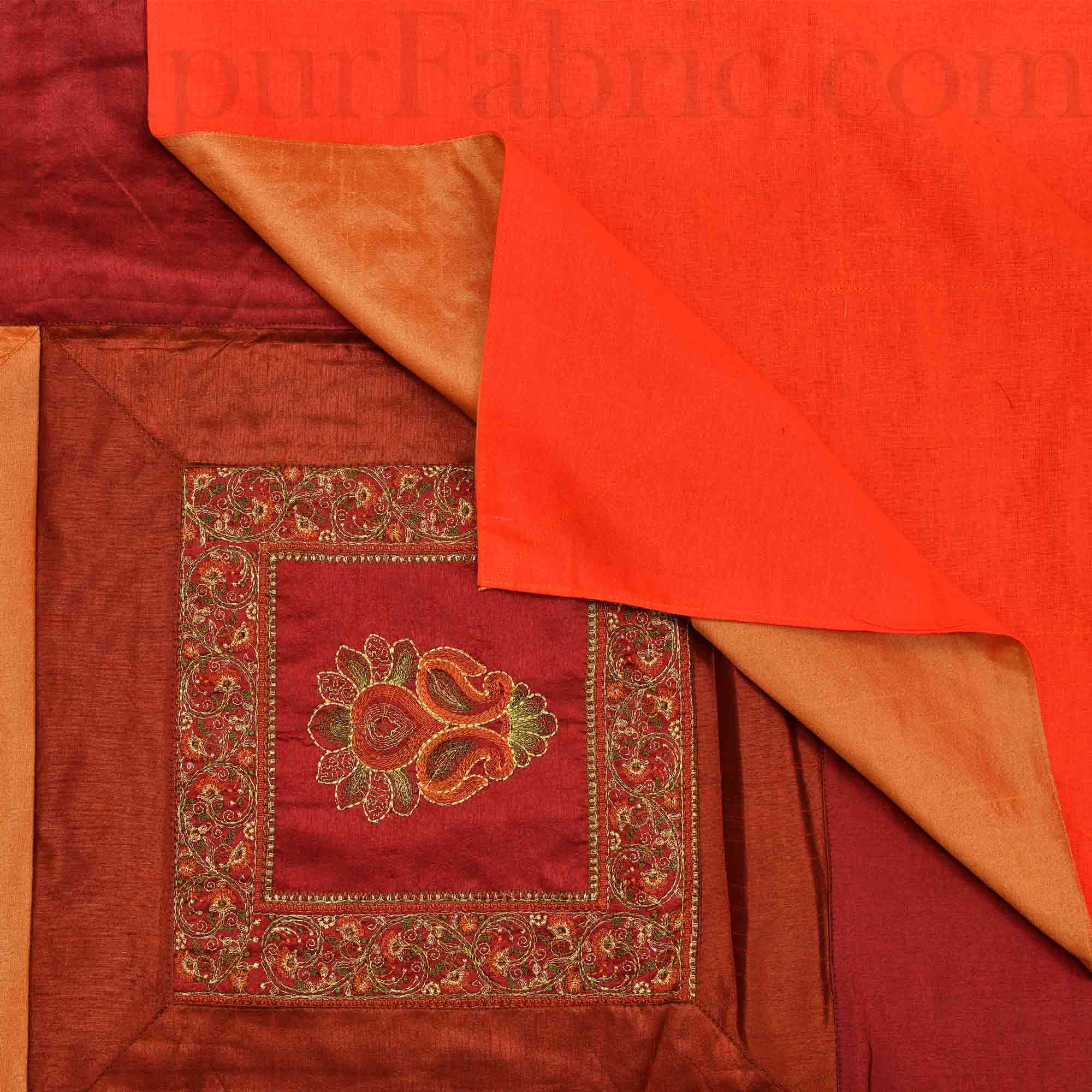 Orange Maroon Base Machine Embroidery and Zari Thread Work Silk Double Bed Sheet