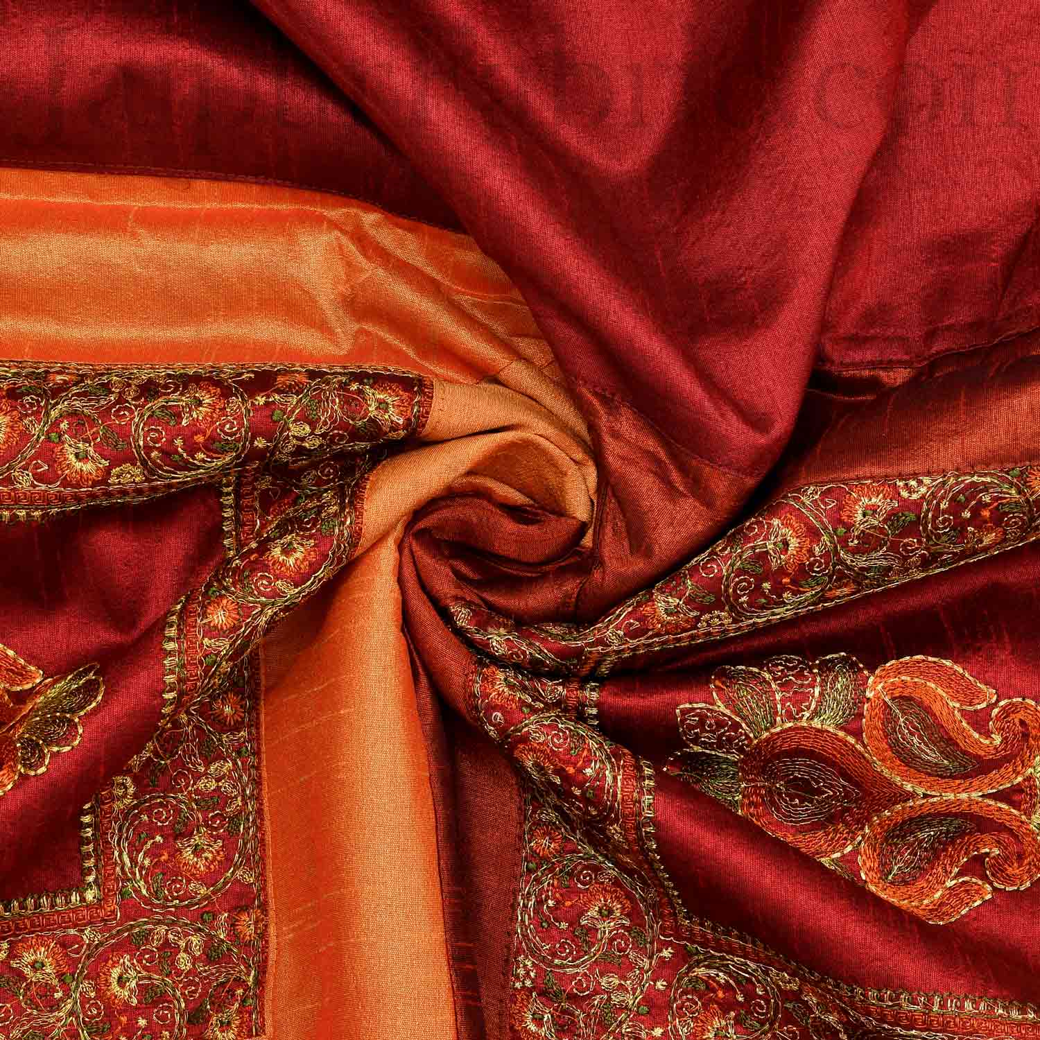 Orange Maroon Base Machine Embroidery and Zari Thread Work Silk Double Bed Sheet