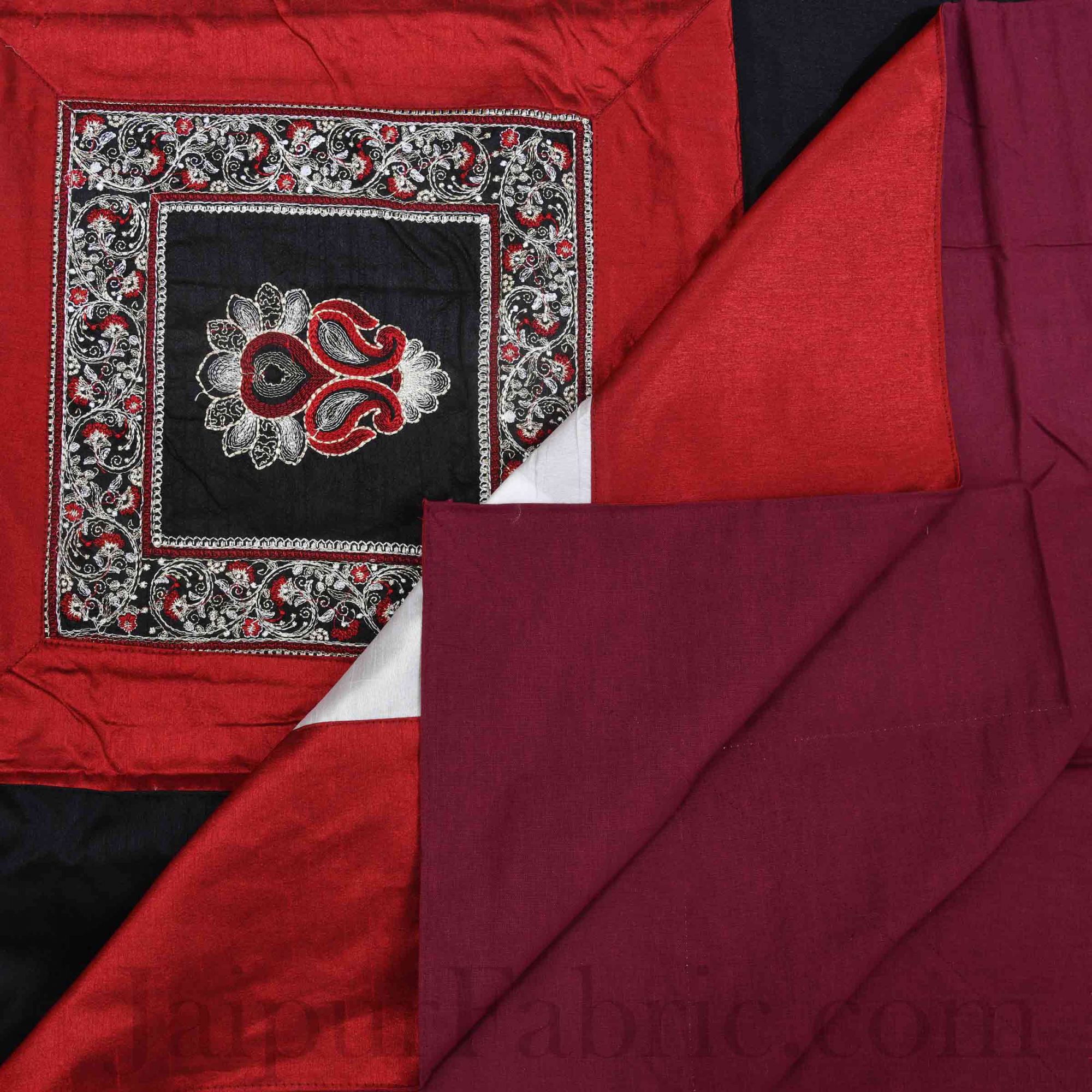 Maroon White Base Machine Embroidery and Zari Thread Work Silk Double Bed Sheet