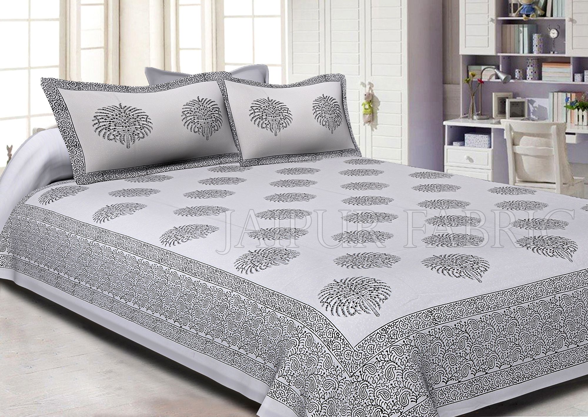 White Base With Kadi Print Black Tree Hand Block Print Super Fine  Cotton Double Bed Sheet