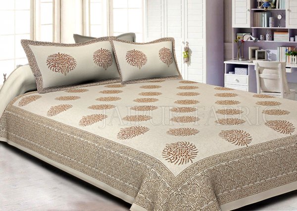 White Base With Kadi Print Brown Tree Hand Block Print Super Fine  Cotton Double Bed Sheet