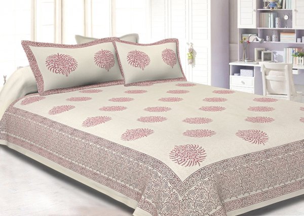 White Base With Kadi Print Red Tree Hand Block Print Super Fine  Cotton Double Bed Sheet