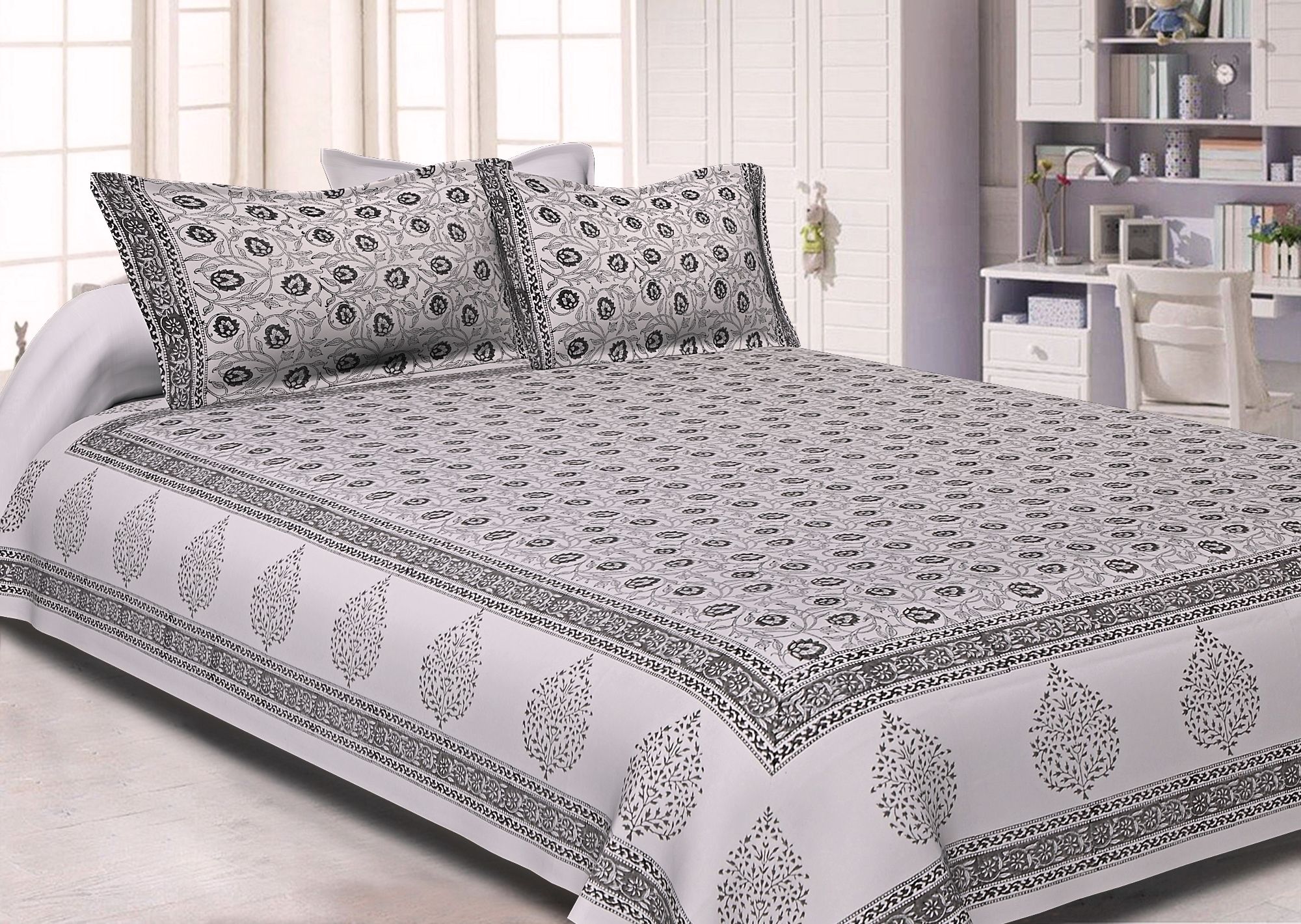 White Base With Kadi Print Black Tree Hand Block Print Super Fine  Cotton Double Bed Sheet