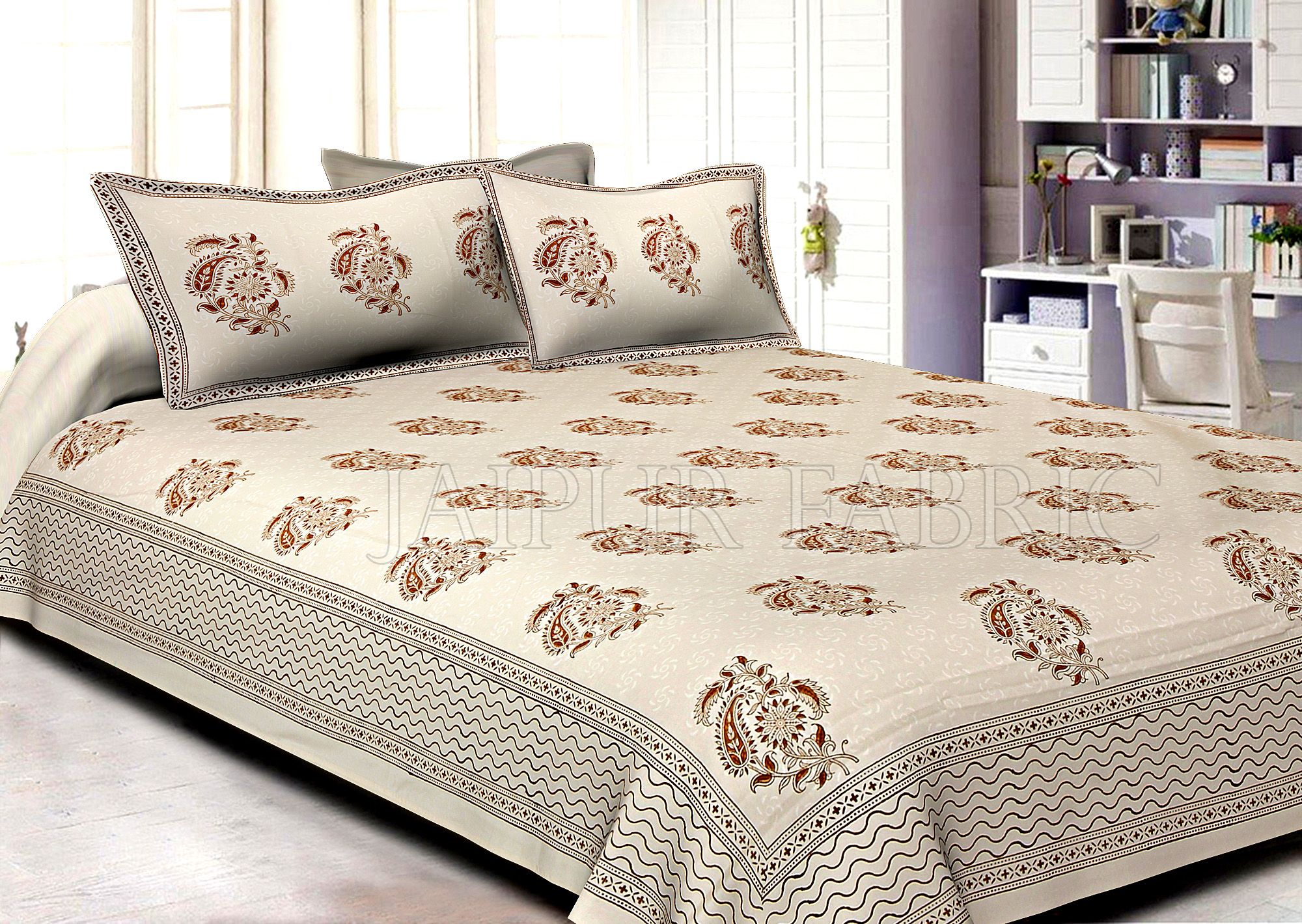 White Base With Kadi Print Brown Tree Hand Block Print Super Fine  Cotton Double Bed Sheet