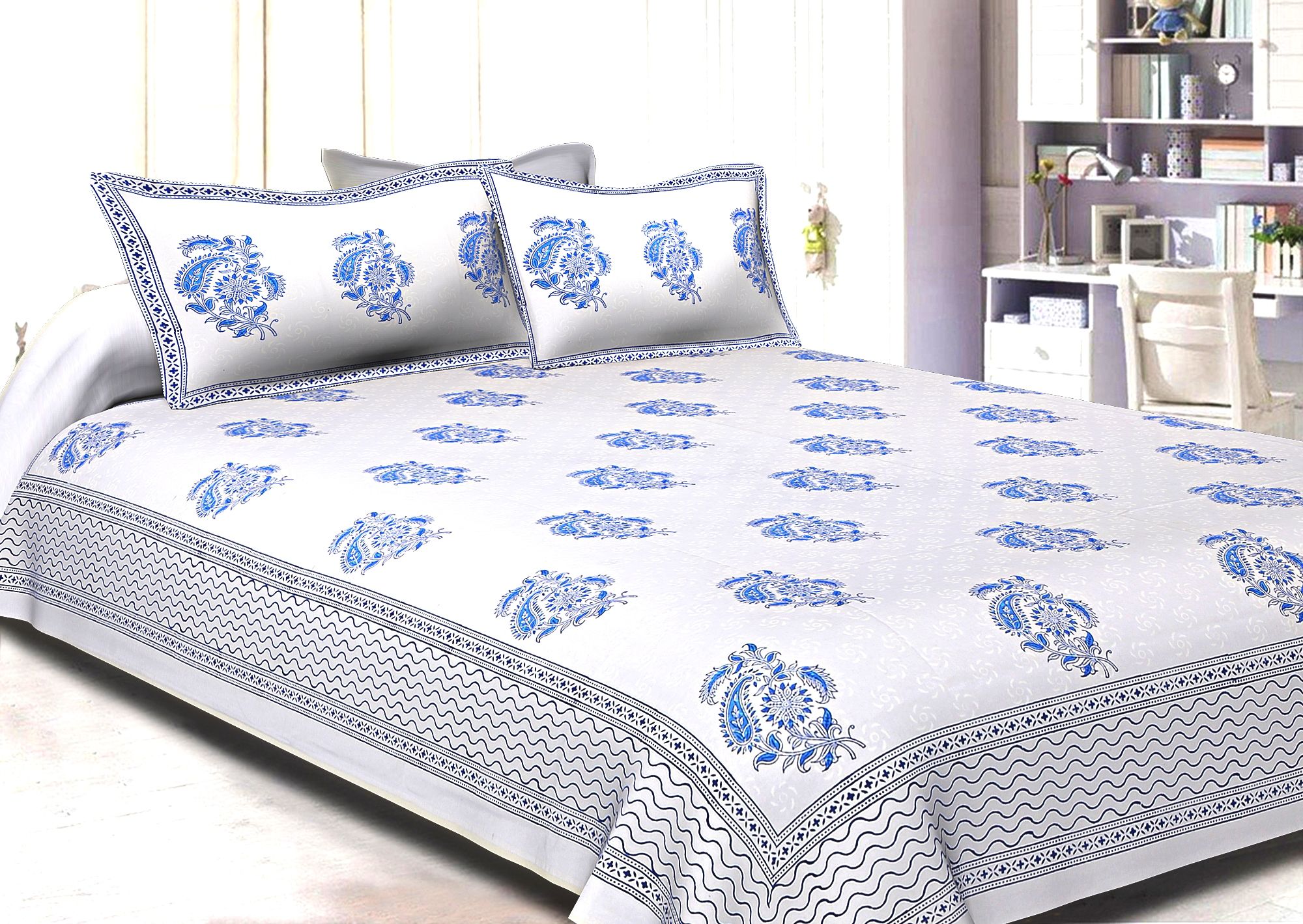 White Base With Kadi Print Blue Rajasthani Buta Hand Block Print Super Fine  Cotton Double Bed Sheet