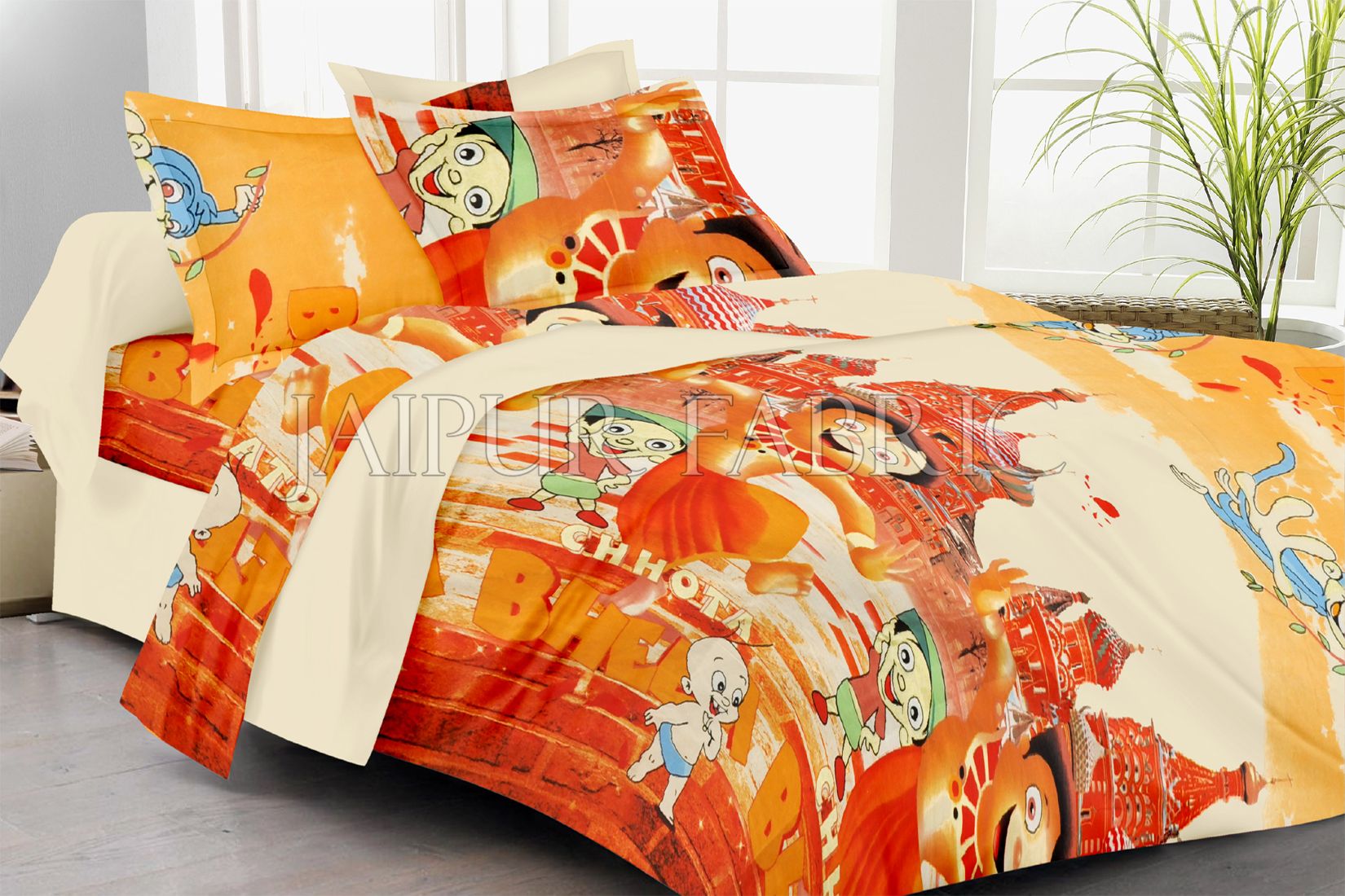 Cream Base Cartoon Print Double Bed Sheet