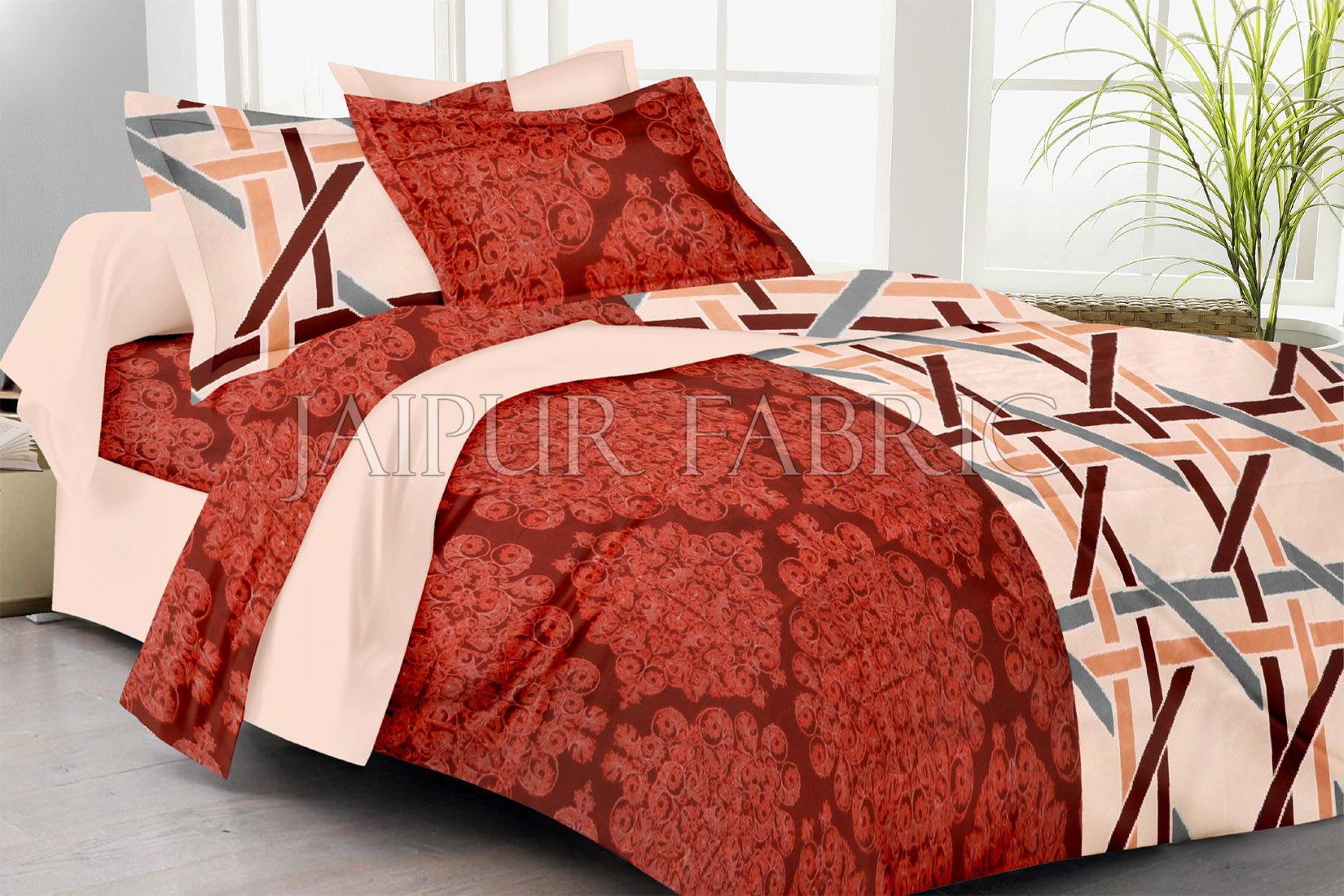 Cream And Maroon Base Small Lining Print Double Bed Sheet