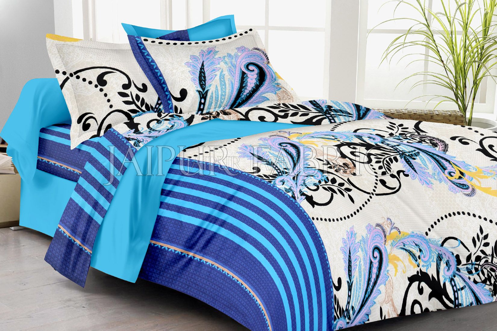 Blue Border White Base Plant Print Double Bed Sheet