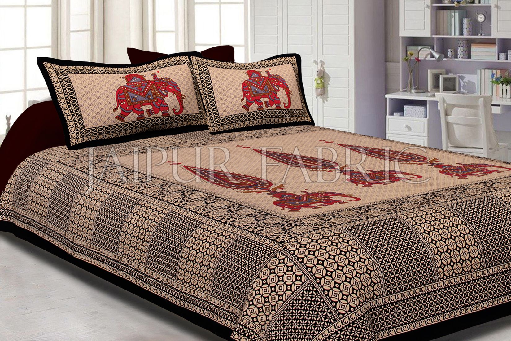 Black Border Leaf With Elephant Print Fine Cotton Double Bed Sheet