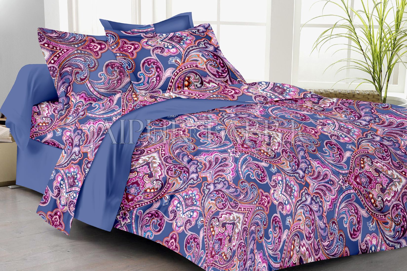 Blue Base Pink And Purple Floral Print Double Bed Sheet