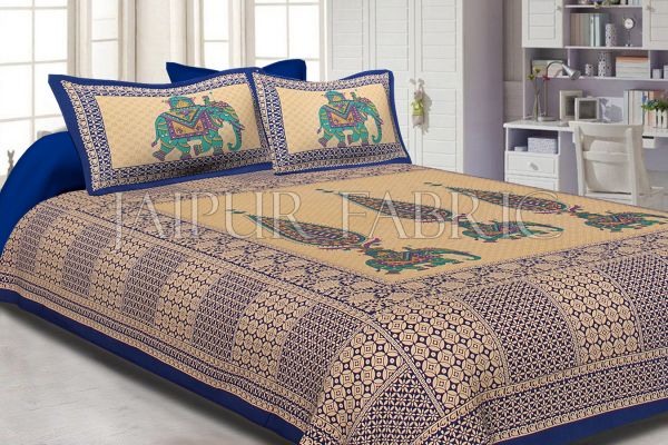 Blue Border Leaf With Elephant Print Fine Cotton Double Bed Sheet