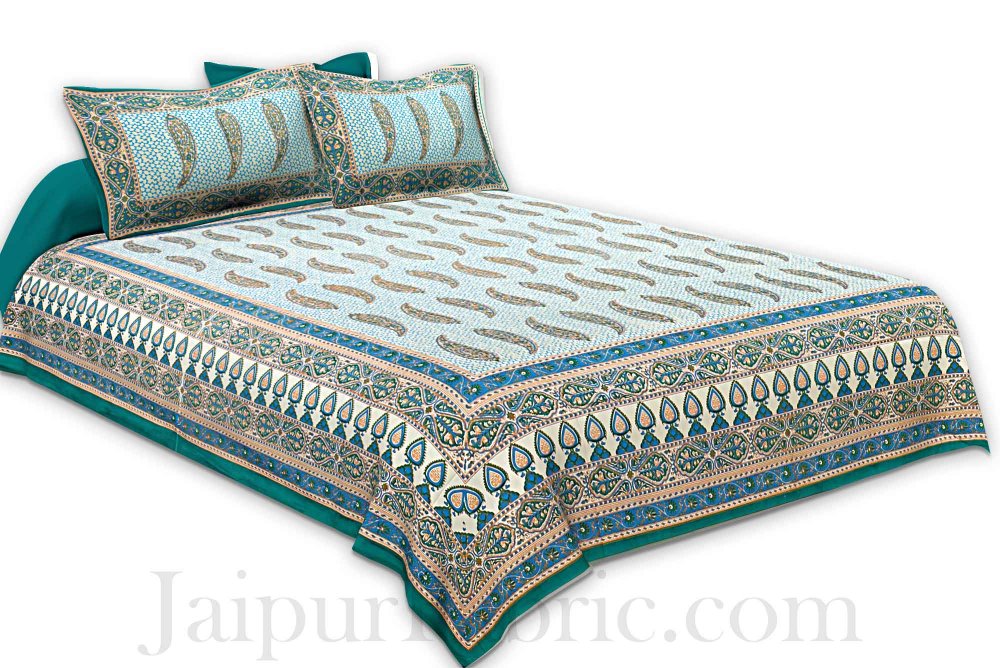 Ethnic Petals Print Peacock Green Bedsheet