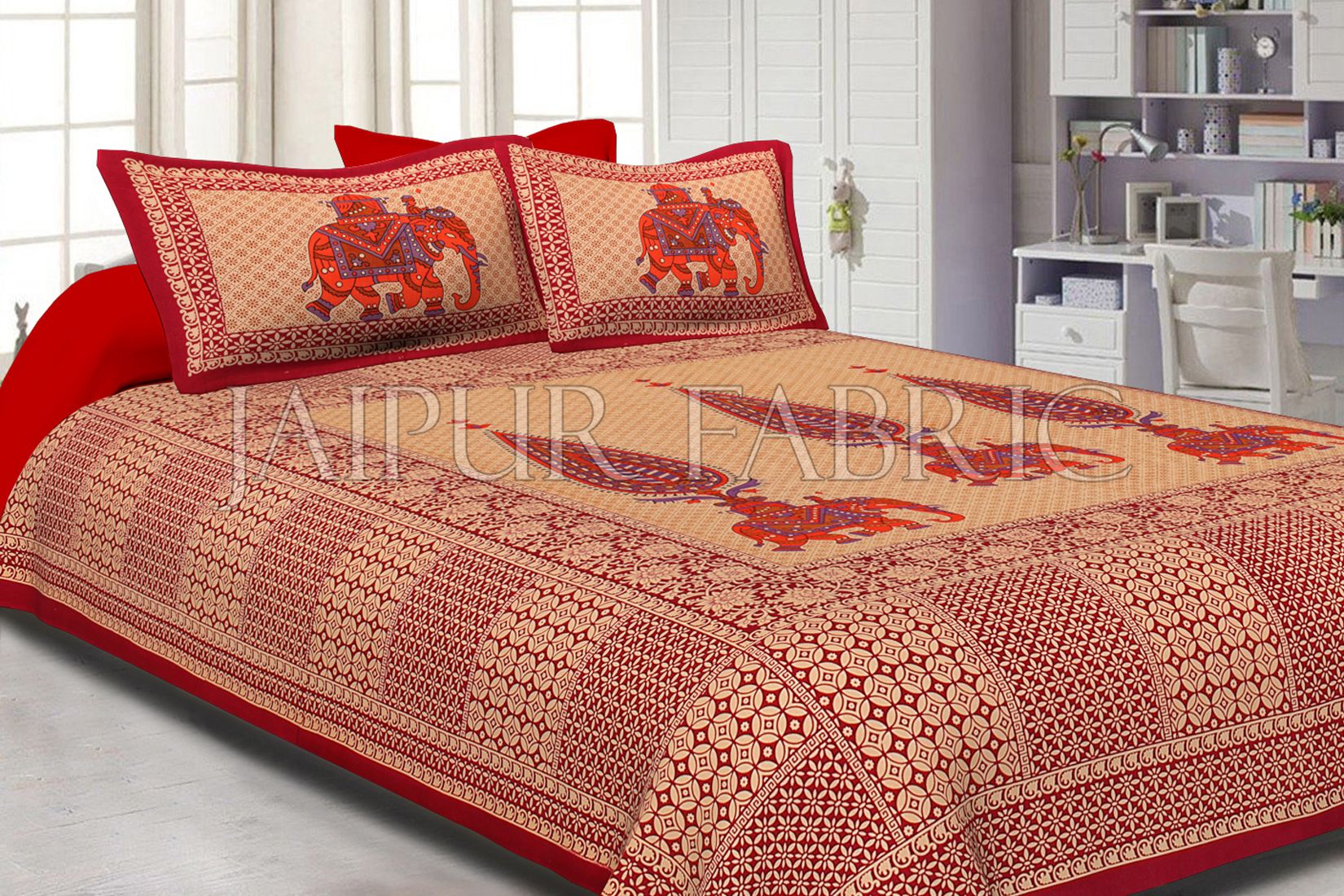 Red Border Leaf With Elephant Print Fine Cotton Double Bed Sheet