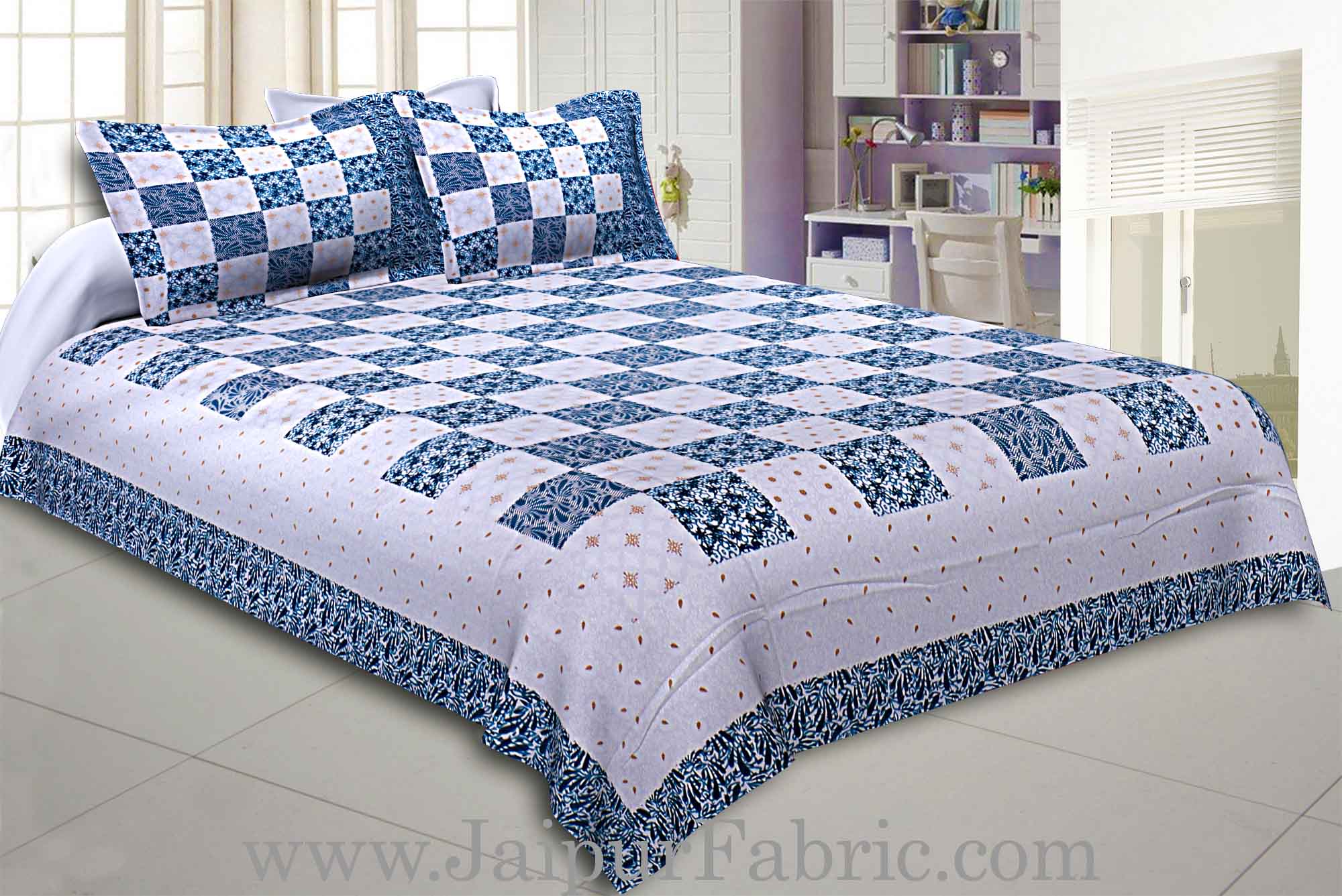 Double Bedsheet Checkered Blue Golden Print